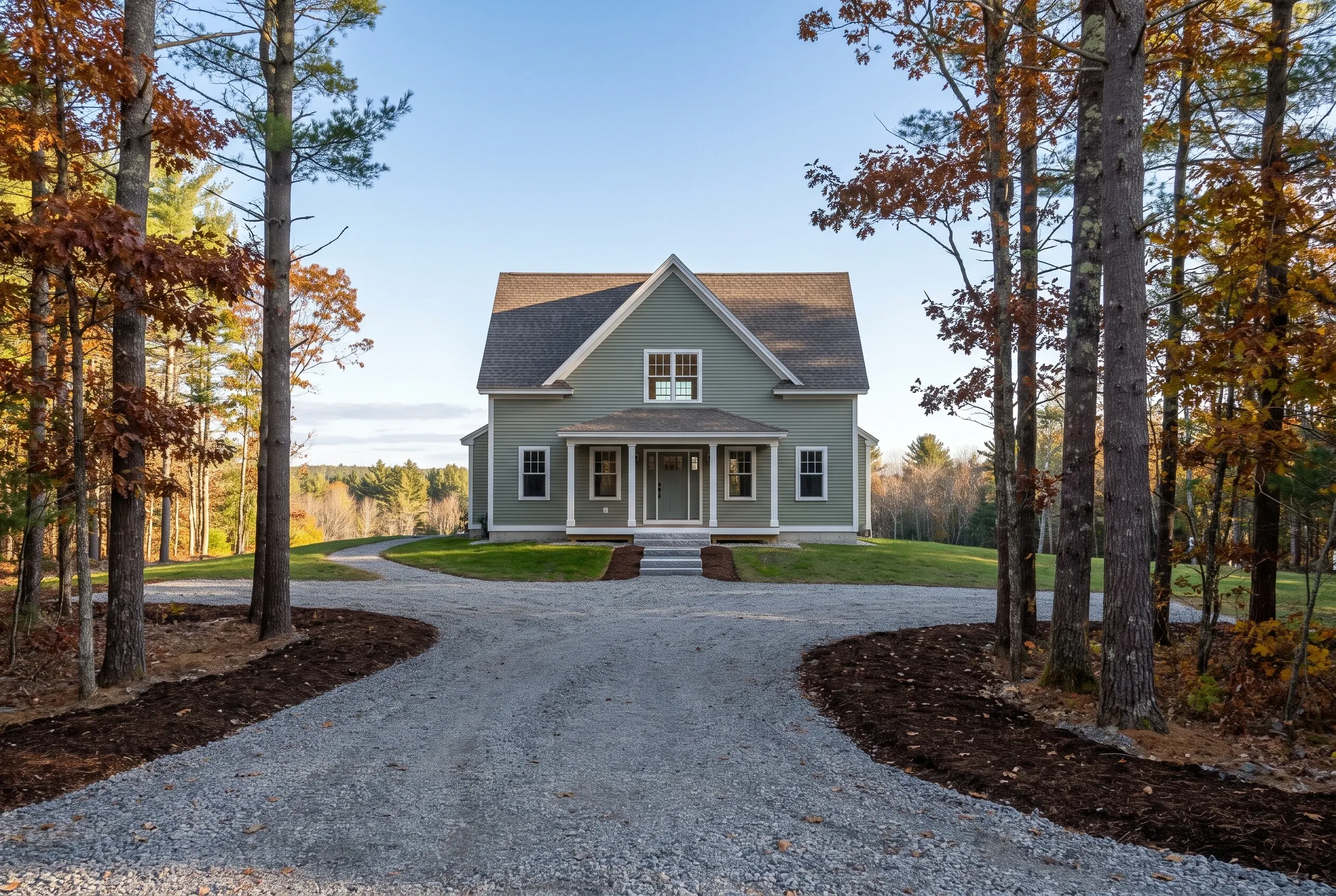 New farmhouse in Lyman, ME: Two-story gray vinyl-sided house with white trim and dark roof, surrounded by tall trees with fall foliage, gravel driveway, no people visible.