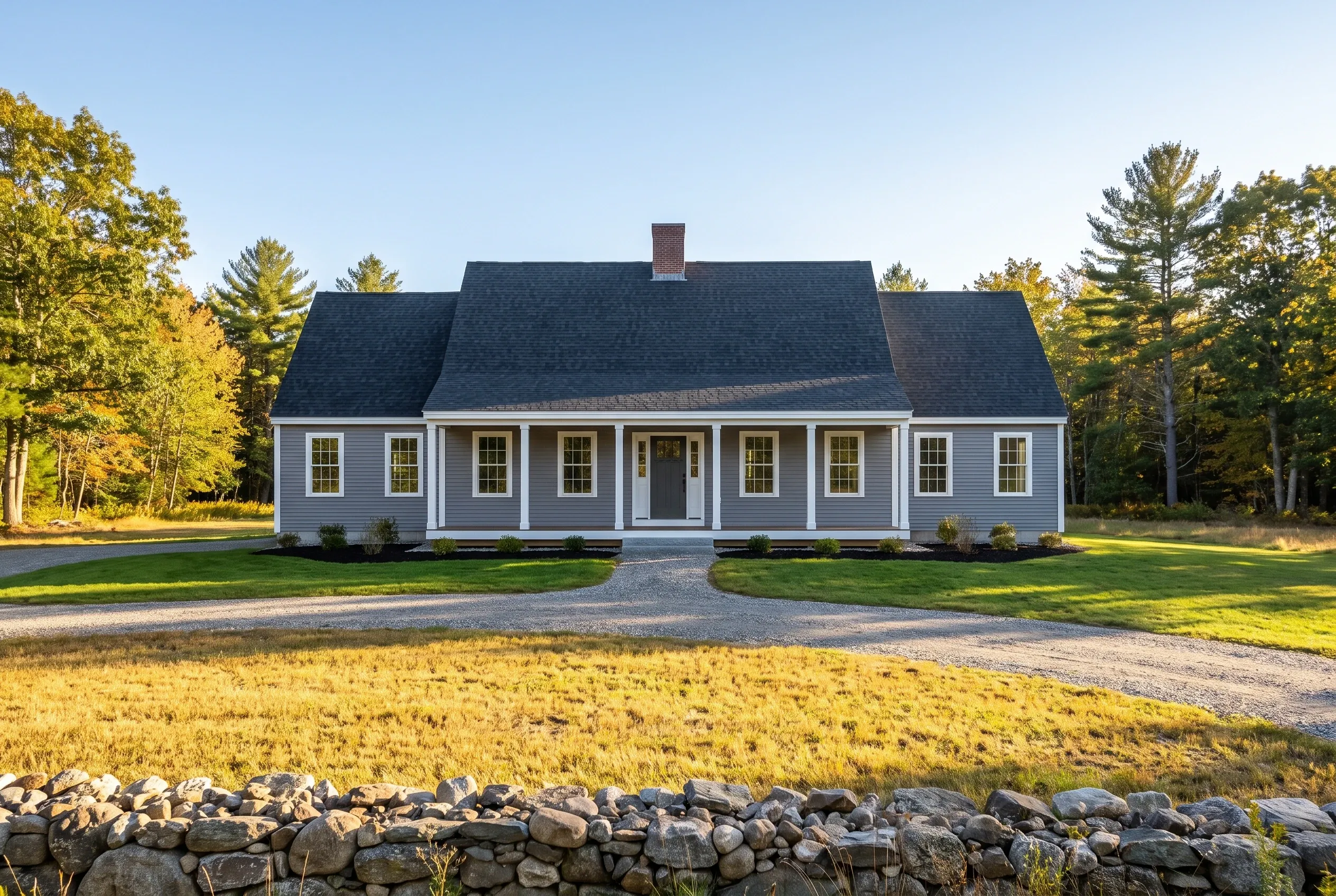 New England farmhouse in Lyman, Maine: White-sided single-story house with black roof, white trim and columns, brick chimney, surrounded by autumn trees and stone wall.