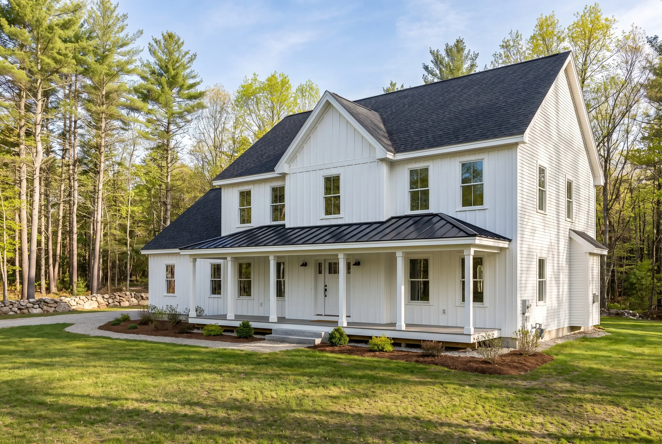 Custom home builder in Lyman, ME: Two-story white farmhouse with black metal roof, white trim, front porch with columns, surrounded by evergreen trees and lawn.