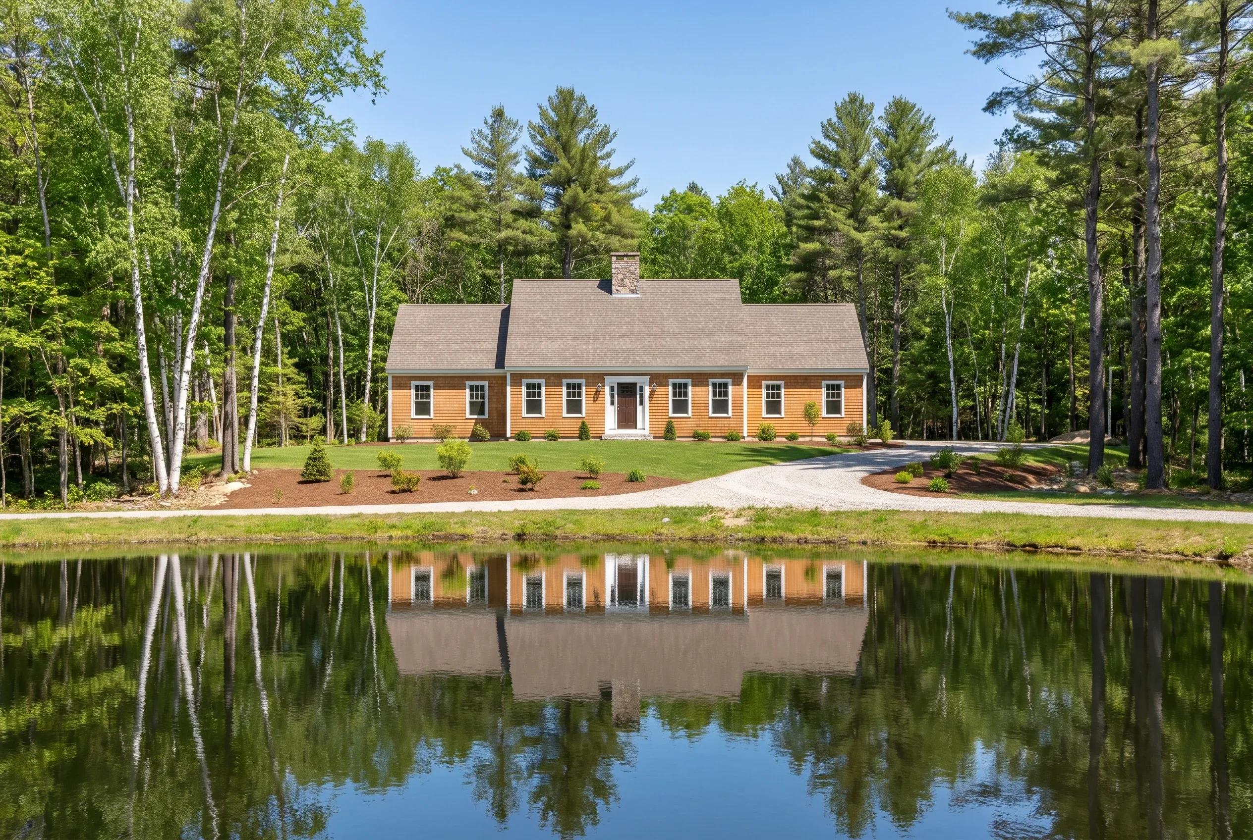 New colonial home in Lyman, Maine: Orange wood-sided single-story house with white trim and gray roof, surrounded by evergreen and birch trees, reflected in pond.