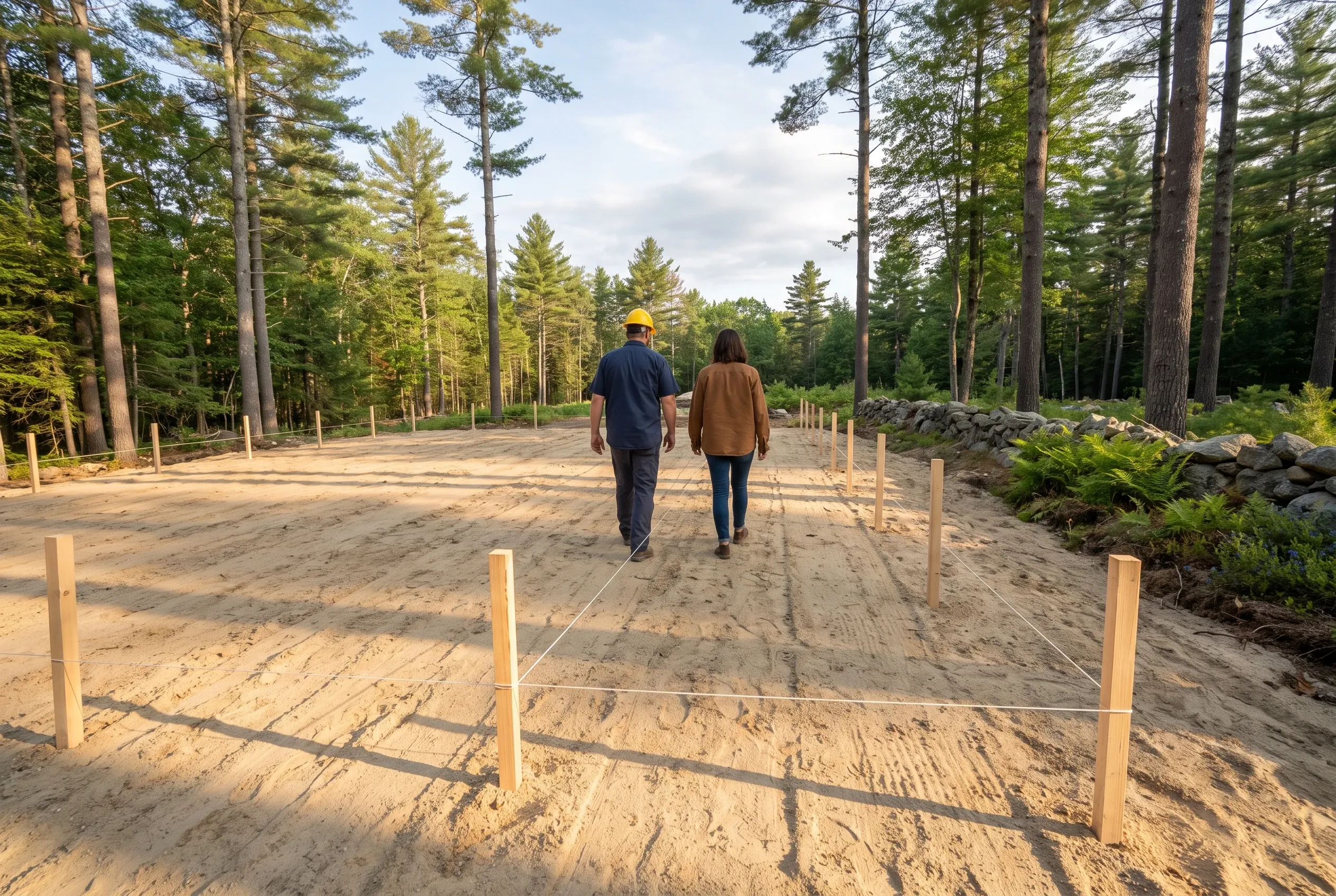 New home foundation in Lyman, ME: Two people walk across a cleared sandy lot surrounded by tall pine trees, with wooden stakes marking the building perimeter.