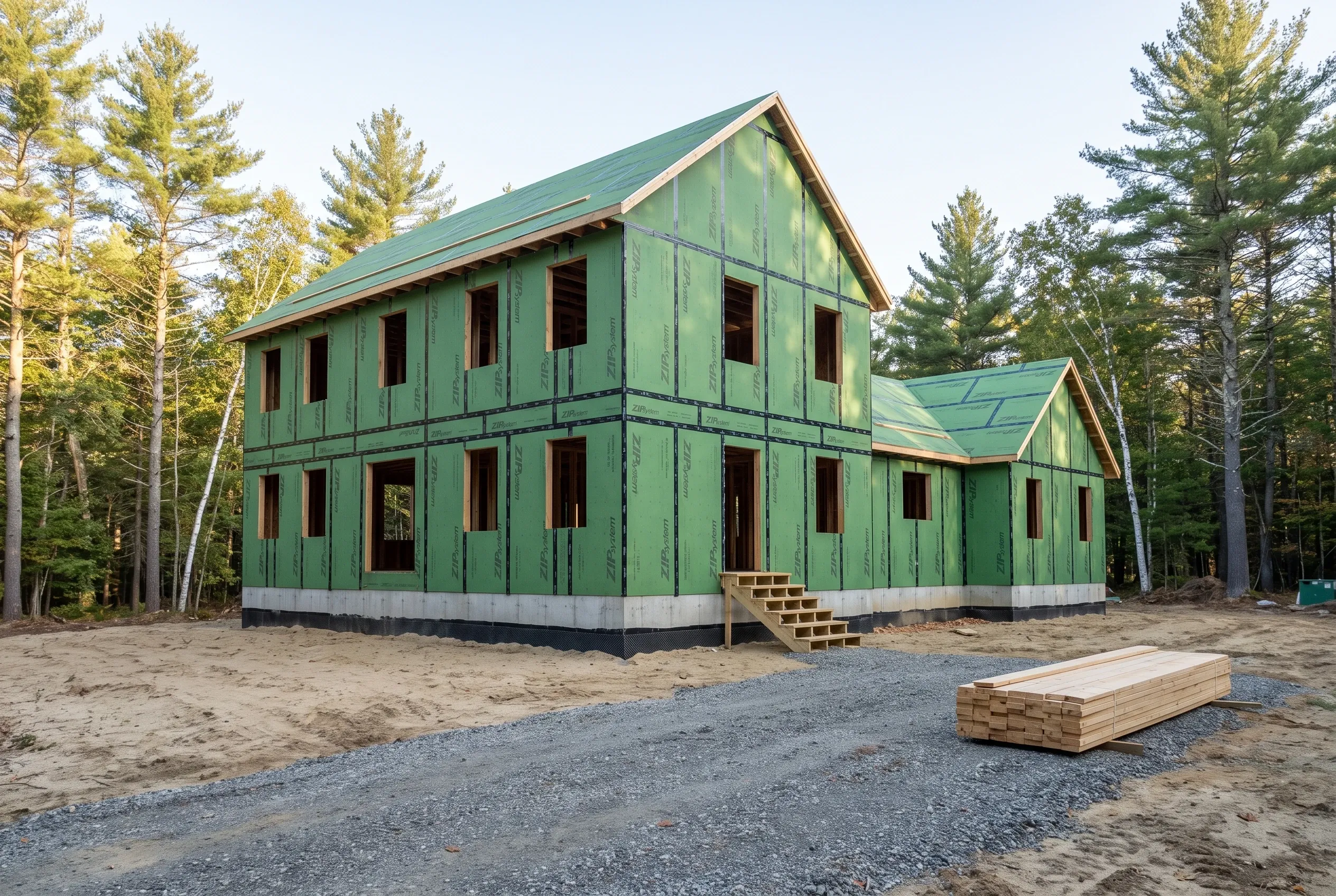 Green two-story house under construction in Lyman, ME: Bright green board and batten siding, dark red trim, green metal roof, surrounded by pine trees, gravel driveway, wooden stairs and lumber in foreground.