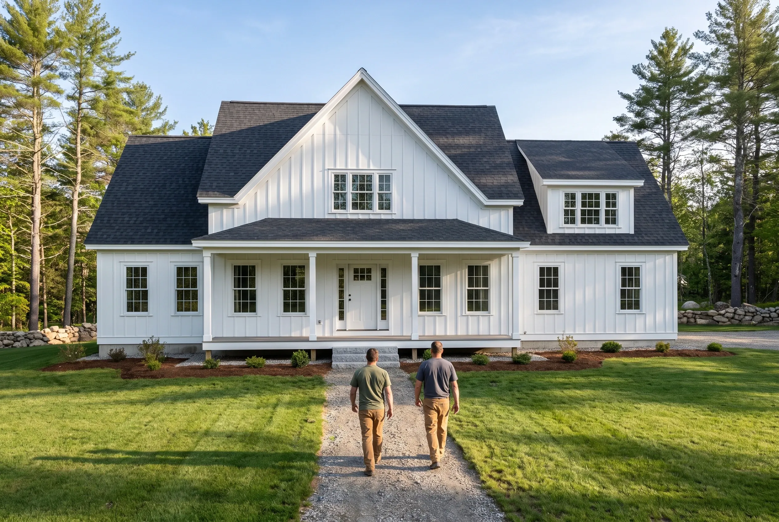 Modern farmhouse in Lyman, Maine: Two people walk up a gravel driveway toward a white two-story house with black roof, front porch, and multiple windows, surrounded by lawn and pine trees.