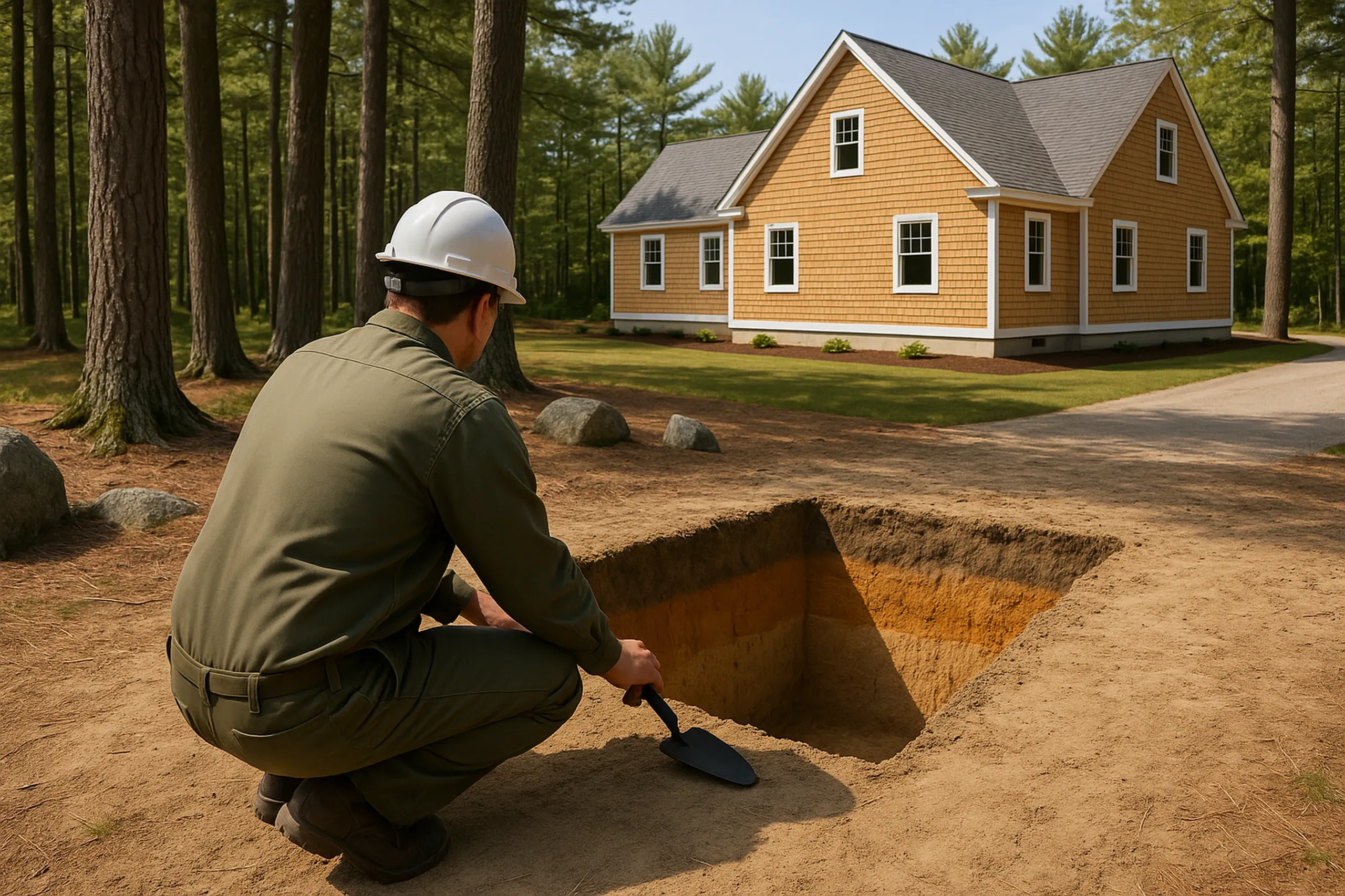 New Colonial Home in Lyman, Maine: Construction worker in hard hat examines foundation excavation in front of tan cedar-sided house with gray roof and white trim, surrounded by tall pine trees.