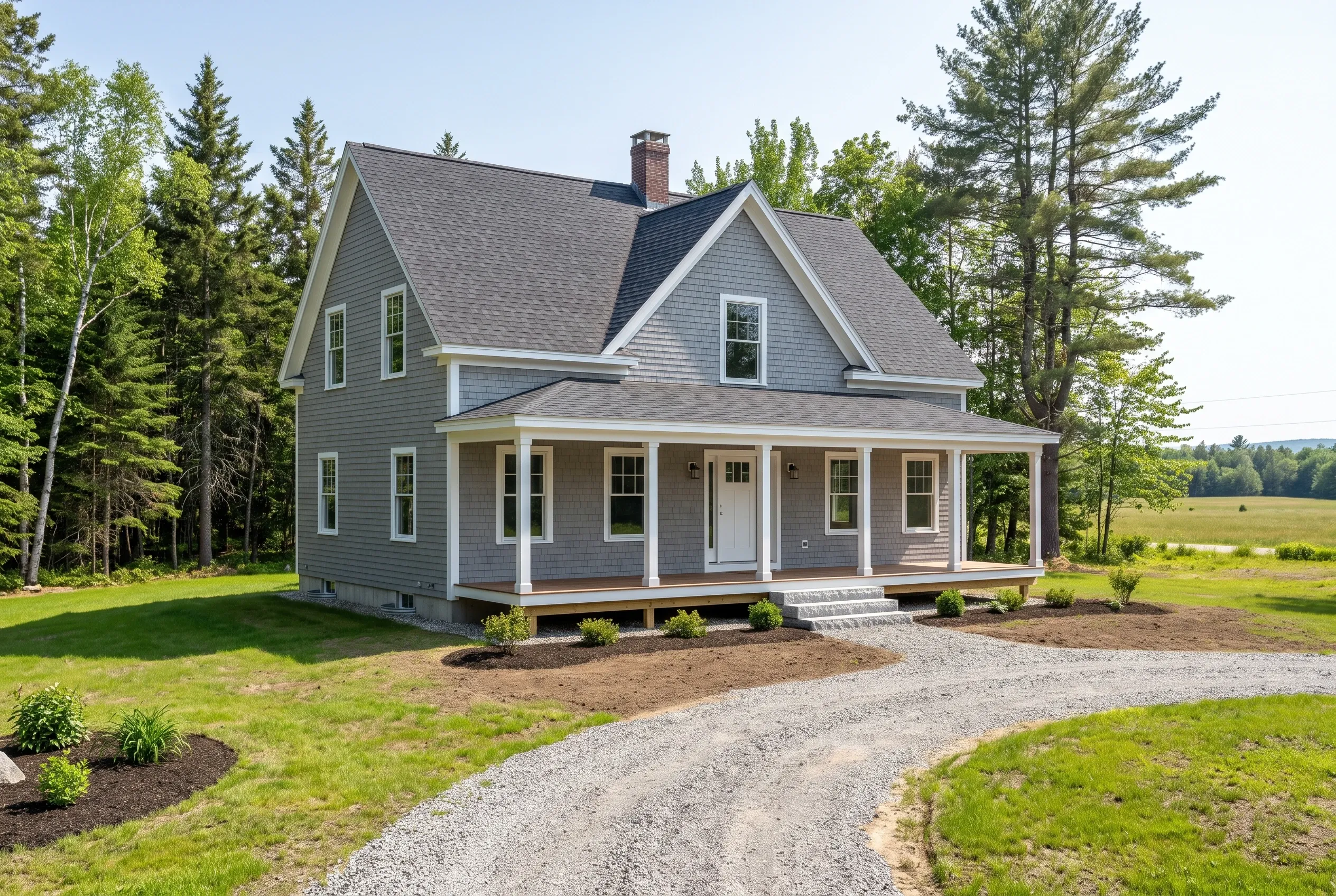 Modern farmhouse in Lyman, Maine: Two-story house with gray shake siding, white trim, and gray asphalt shingle roof sits on gravel driveway surrounded by green lawn and evergreen trees.