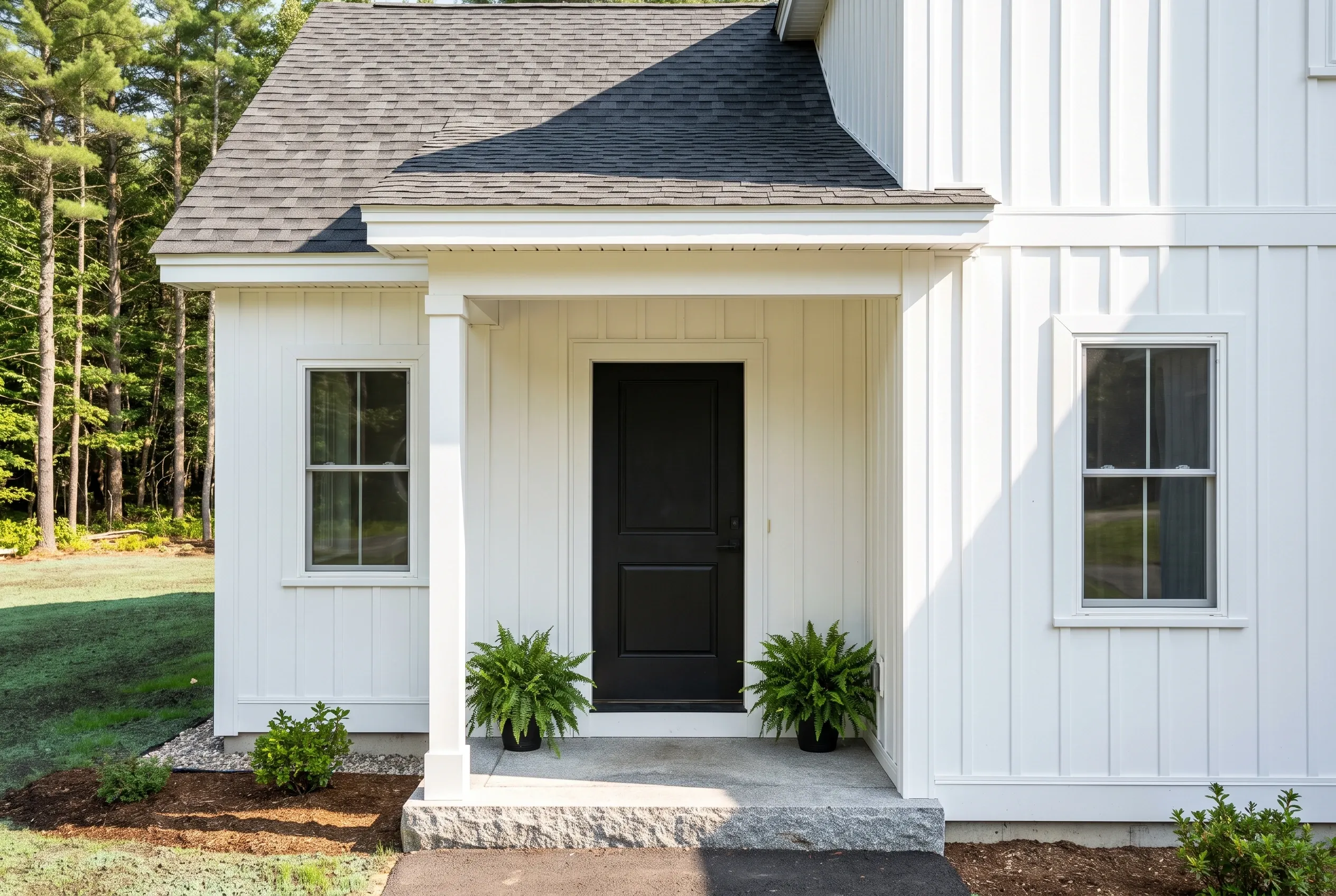 Modern farmhouse in Lyman, Maine: White vertical board siding house with black front door, white trim, dark roof, stone step, flanked by potted ferns, wooded setting.
