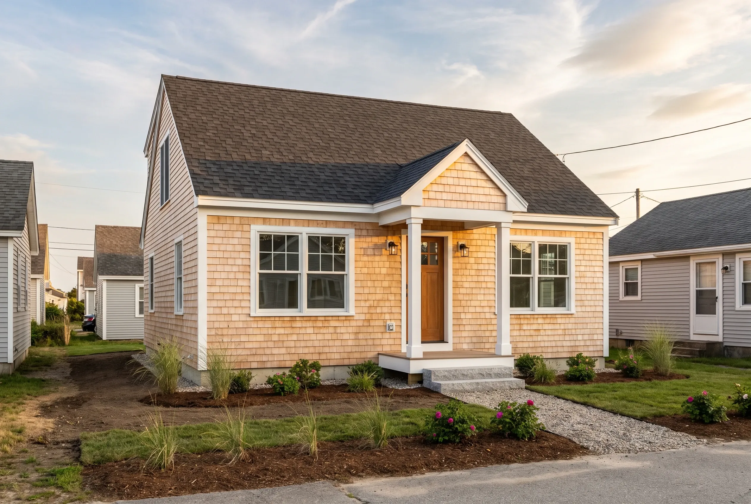 New custom home in Old Orchard Beach, ME: Single-story house with cedar shake siding, white trim, dark roof, front gable, two large windows, wooden door, concrete foundation, landscaped yard with shrubs and plantings, neighboring homes visible.