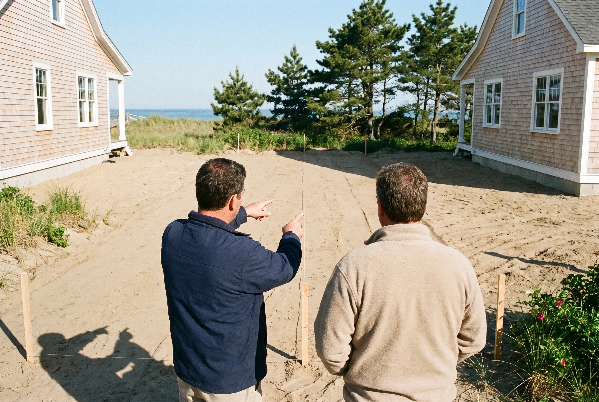 Coastal home construction in Old Orchard Beach: Two men view sandy lot between two shingled houses with ocean view, pine trees, and beach grass visible.