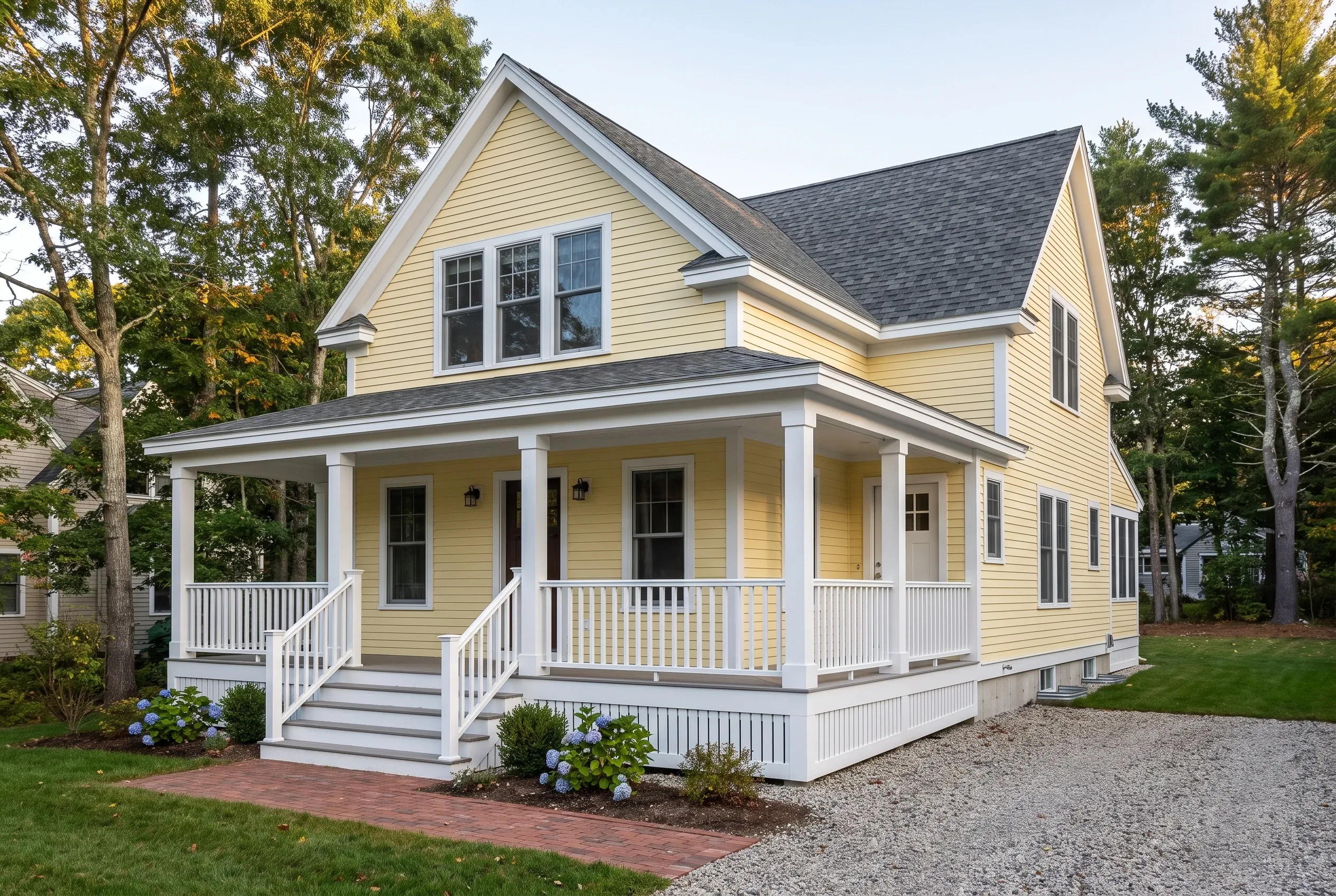 Yellow farmhouse in Old Orchard Beach, ME: Two-story home with pale yellow siding, white trim, gray roof, front porch with white railings, surrounded by trees and lawn.