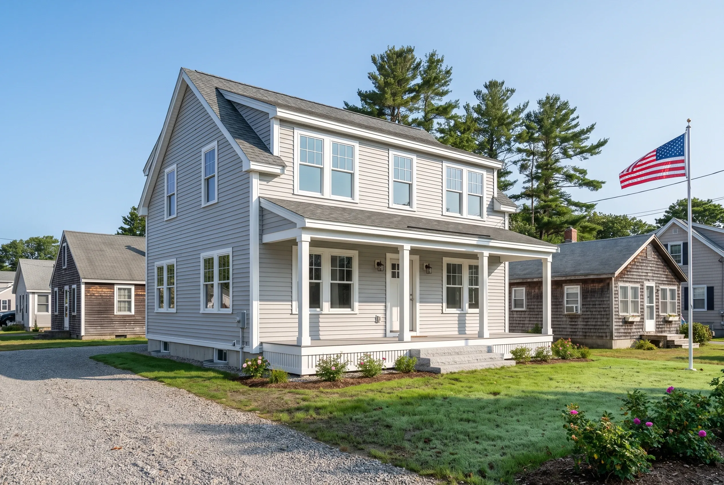 Custom home builder in Old Orchard Beach, ME: Two-story white vinyl-sided house with white trim, gray roof, front porch, and American flag in residential neighborhood.