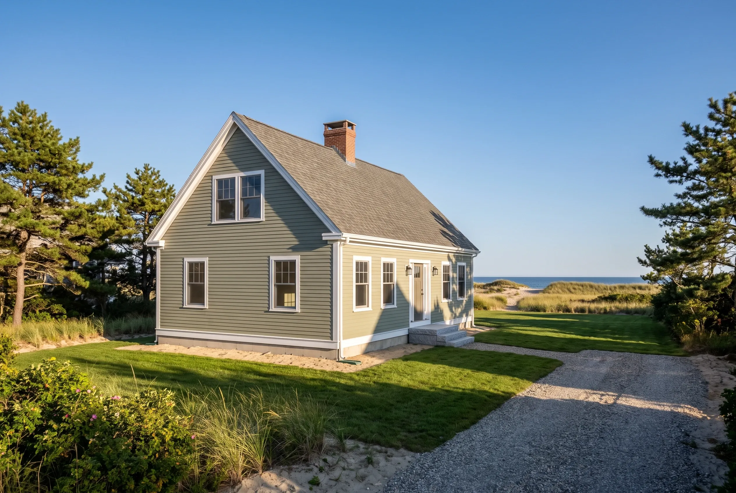 Coastal cottage in Old Orchard Beach, ME: Single-story home with gray and cream horizontal siding, white trim, and gray shingled roof with brick chimney. Situated on grassy lot with sandy driveway, surrounded by evergreen trees and beach grasses, ocean visible in background.