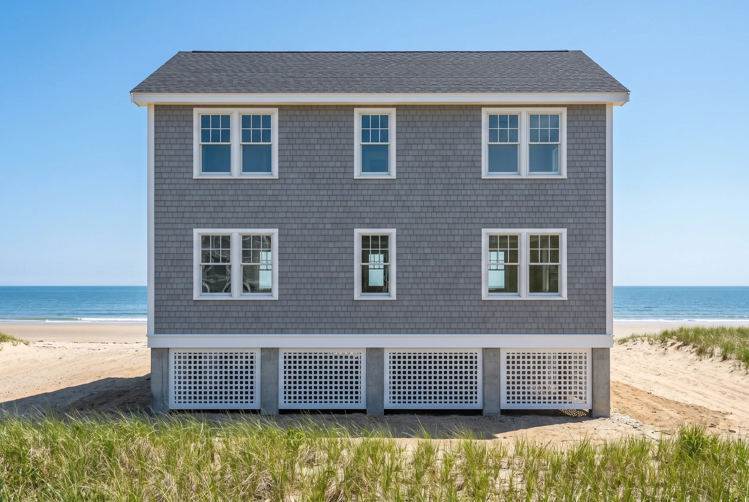Beach house on pilings in Old Orchard Beach, ME: Gray shingle-sided two-story house with white trim and gray roof on concrete pilings. Latticed foundation vents visible. Sandy beach with dune grass and ocean in background.