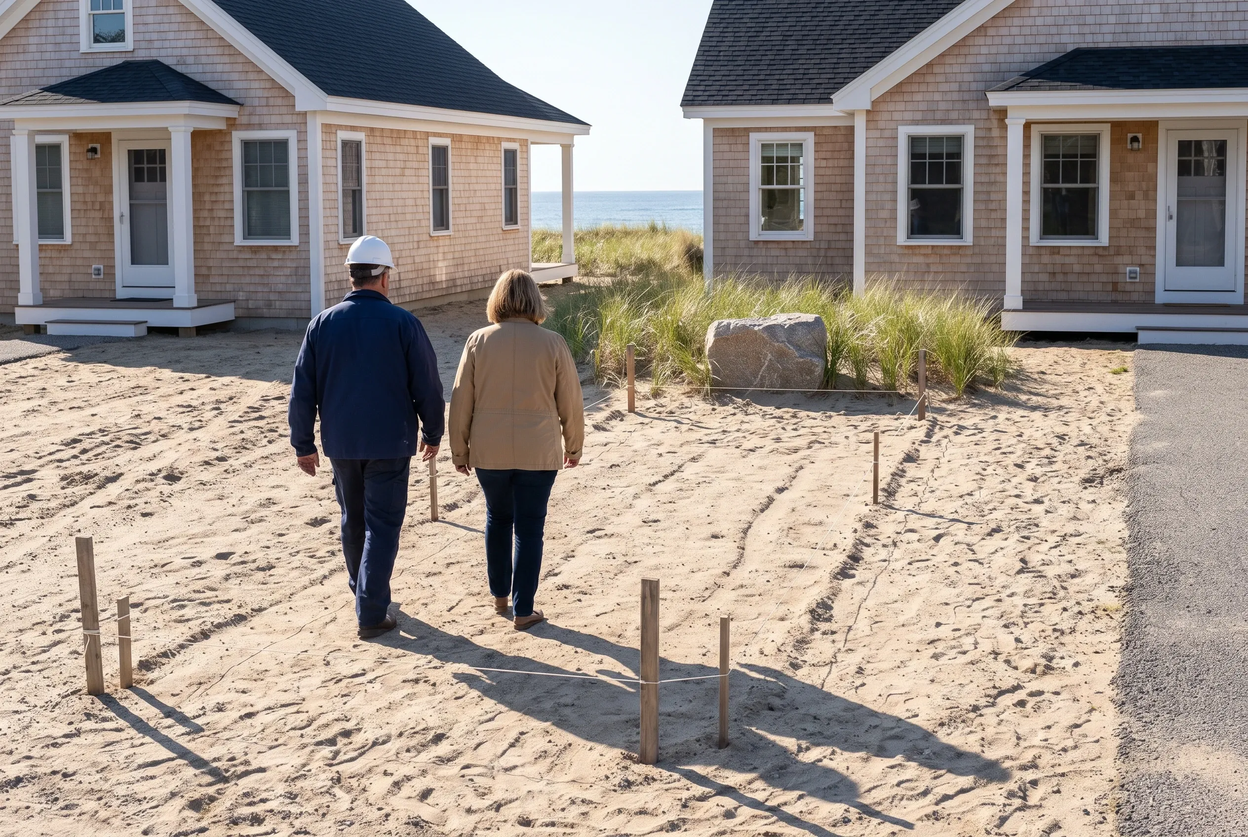 Beachfront cottages in Old Orchard Beach, ME: Two people walk between tan cedar-shingled cottages with white trim and dark roofs on sandy beach lot with dune grass and ocean view.
