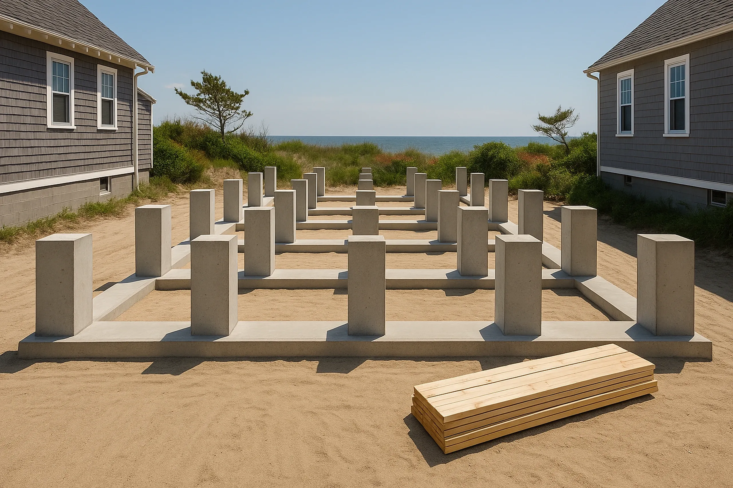 Beachfront homes with concrete pilings: Two gray-shingle houses with white trim flank a sandy lot with concrete foundation pilings and dune vegetation, ocean visible in background.