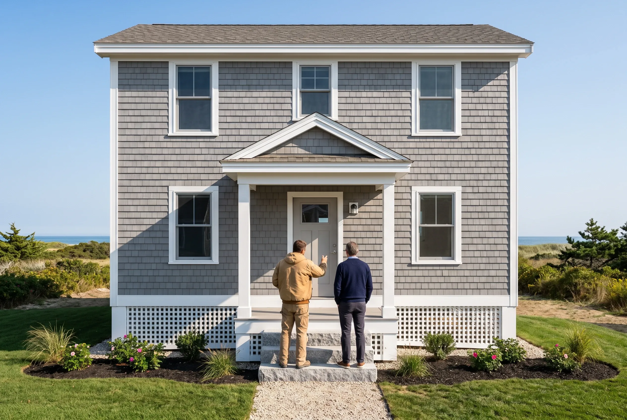 New England coastal home in Old Orchard Beach, ME: Two-story house with gray shingle siding, white trim, and shingled roof. Two men stand on front porch facing the door. Landscaped yard with ocean visible in background.