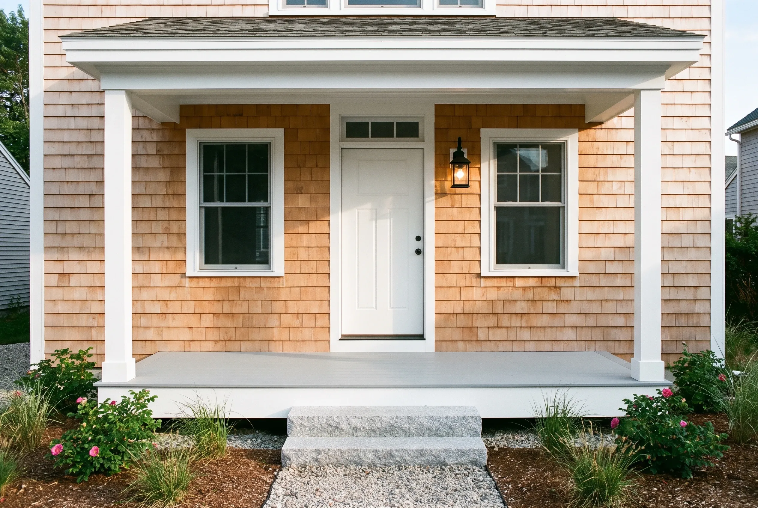 New home with cedar shingle siding in Old Orchard Beach, ME: Single-story house with orange-brown cedar shingle siding, white trim, white covered porch with columns, white entry door, two windows, black roof, landscaping with flowers and plants.