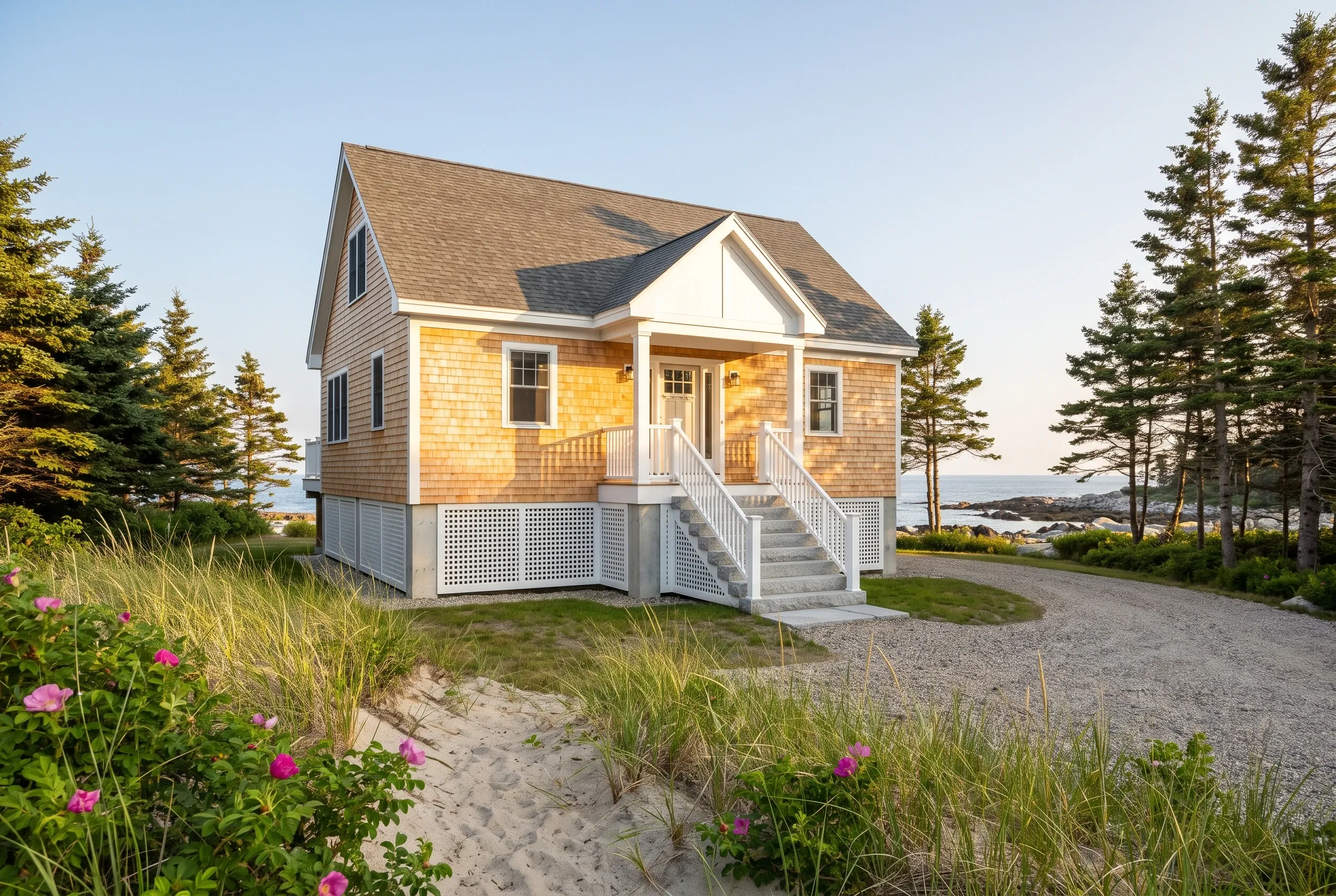 Coastal cottage in Saco, ME: Single-story elevated home with golden cedar shingle siding, white trim, and multi-gabled roof. Situated on sandy beach lot with pine trees, wild grasses, and pink flowers. Water visible in distance.