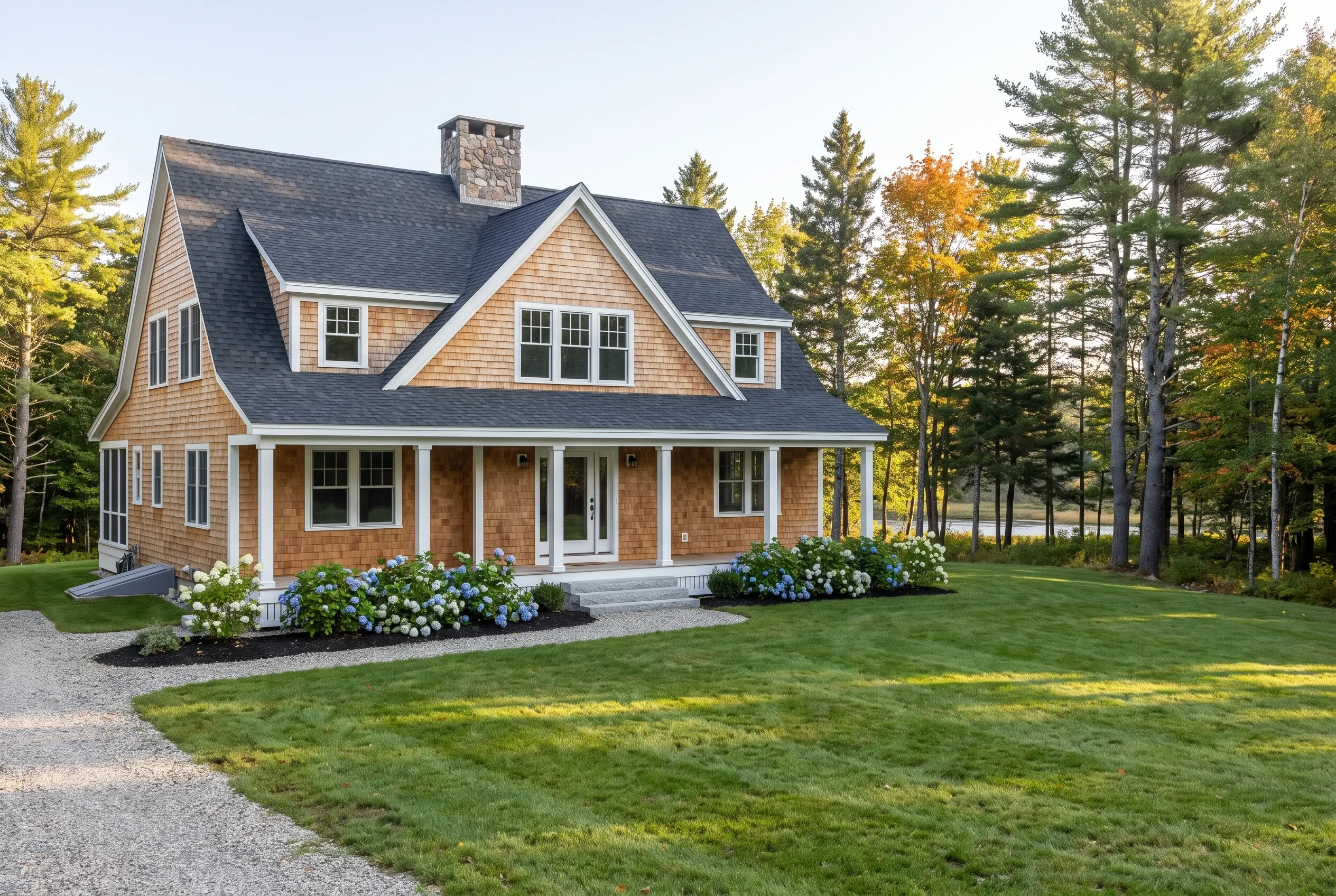 Cape Cod home in Saco, Maine: Two-story house with tan cedar shingle siding, white trim, dark gray roof, front porch, dormer windows, surrounded by evergreen trees and manicured lawn with blue hydrangeas.