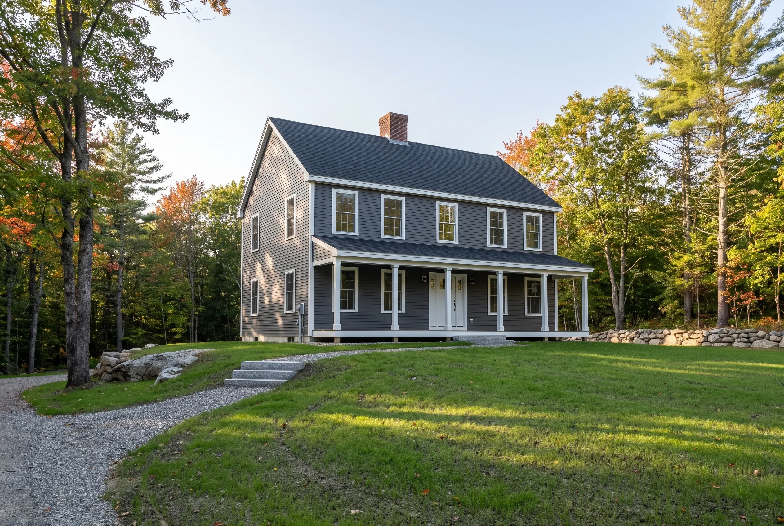 Custom home builder in Saco, ME: Two-story house with dark blue siding, white trim, and dark roof in wooded setting with manicured lawn and gravel driveway.