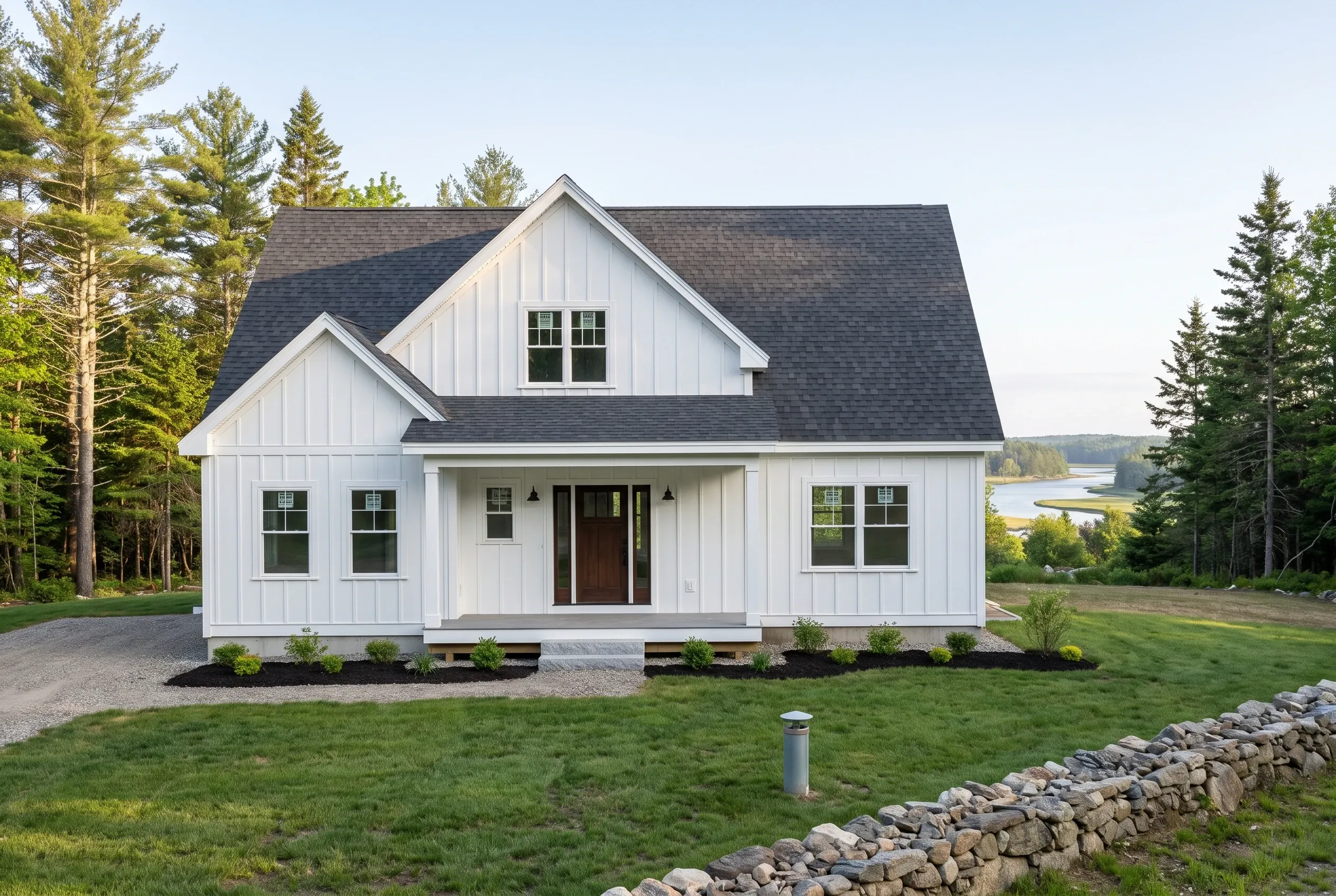 Modern farmhouse in Saco, ME: White vertical board siding home with dark gray roof, front gable, covered porch, and dark wood door, set on manicured lawn surrounded by evergreen trees and stone wall.