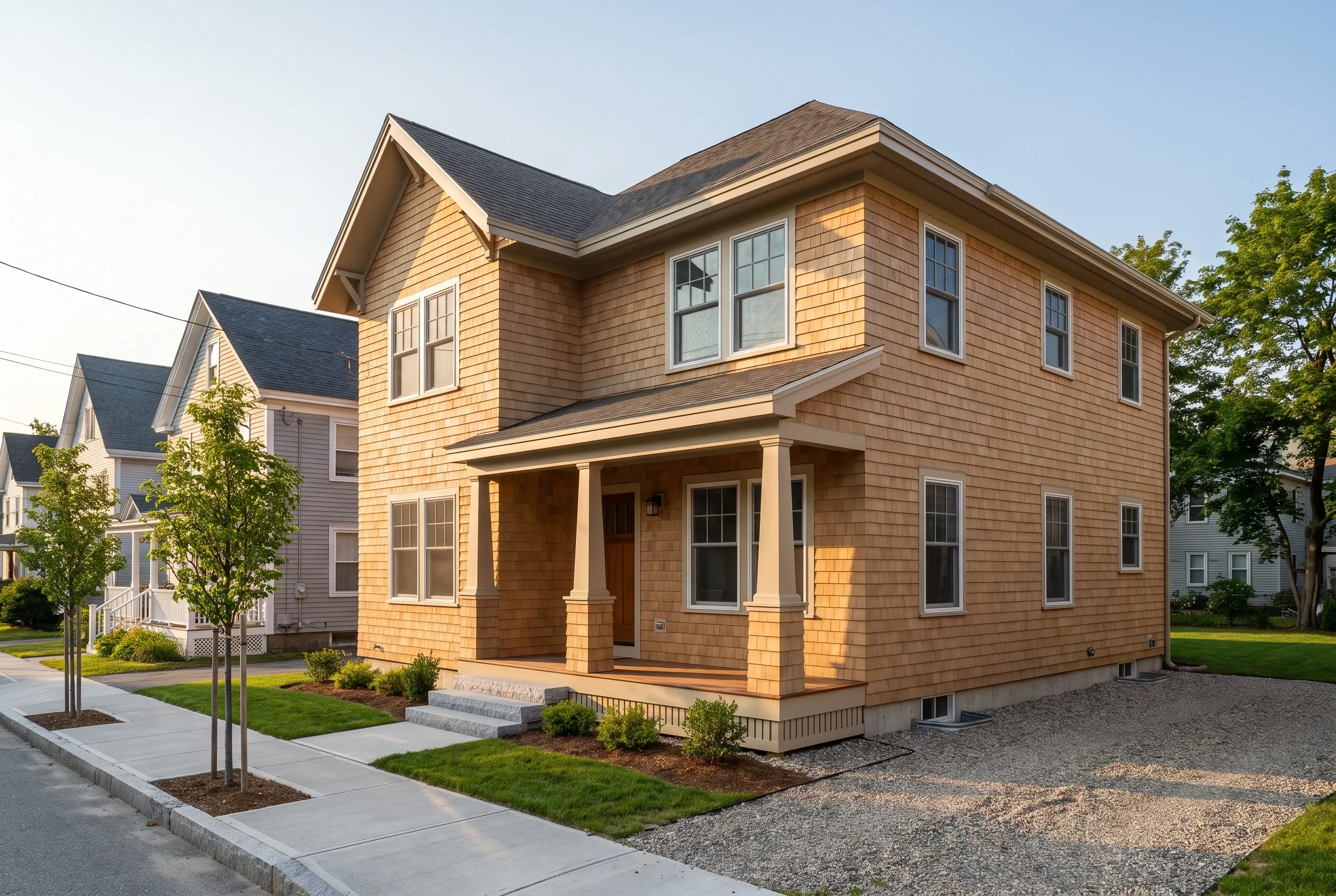 New cedar shake home in Saco, ME: Two-story house with natural cedar shingle siding, dark roof, front porch with columns, multiple windows, manicured lawn, neighboring homes visible.