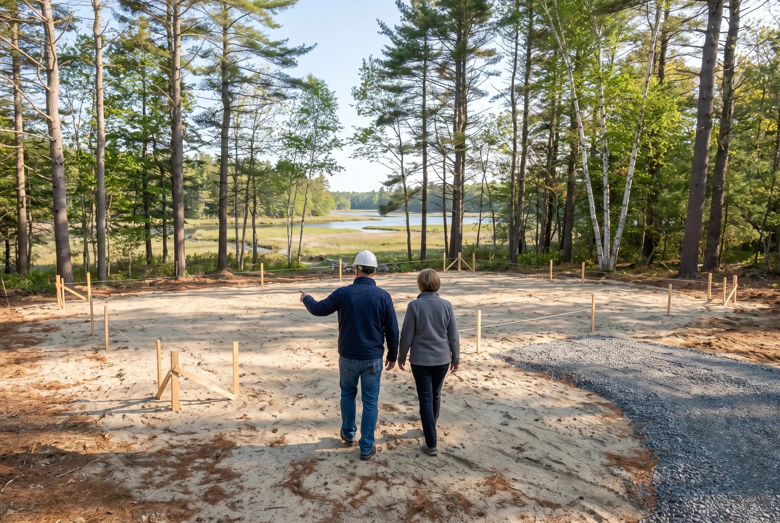 New home construction site in Saco, ME: Two people walking on sandy lot with wooden stakes marking foundation, surrounded by tall pine trees and lake view in background.