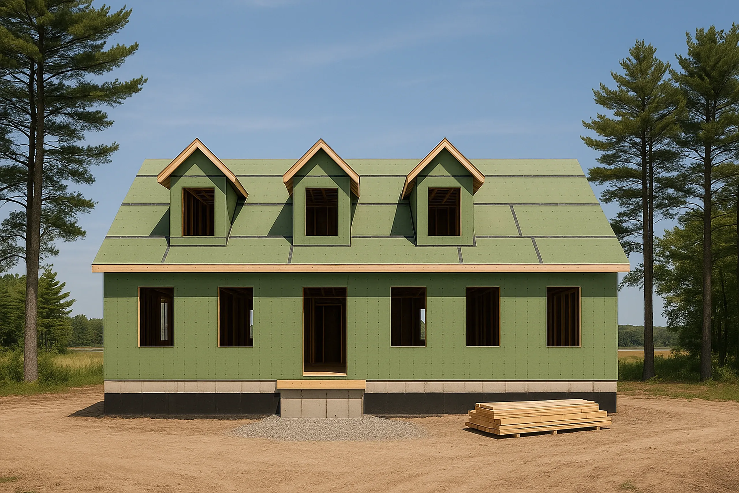 New construction home in Saco, ME: Green-sided Cape Cod style house with dormers, dark windows, light trim, and green roof surrounded by pine trees and dirt lot with lumber stack.