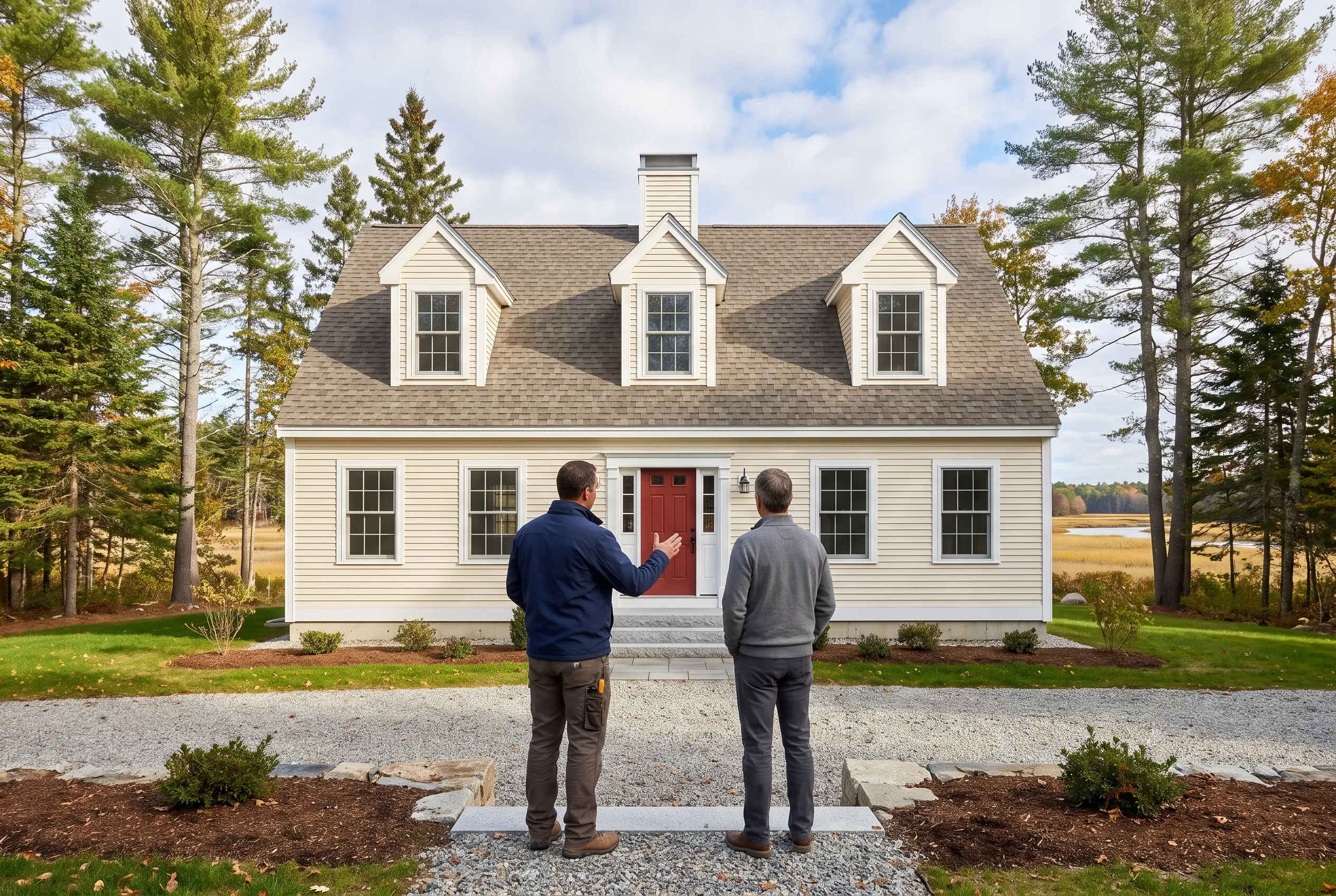 New Colonial Home in Saco, Maine: Two men stand facing a white-sided two-story colonial house with three dormers, gray roof, red front door, and stone foundation, surrounded by tall pine trees and open land.