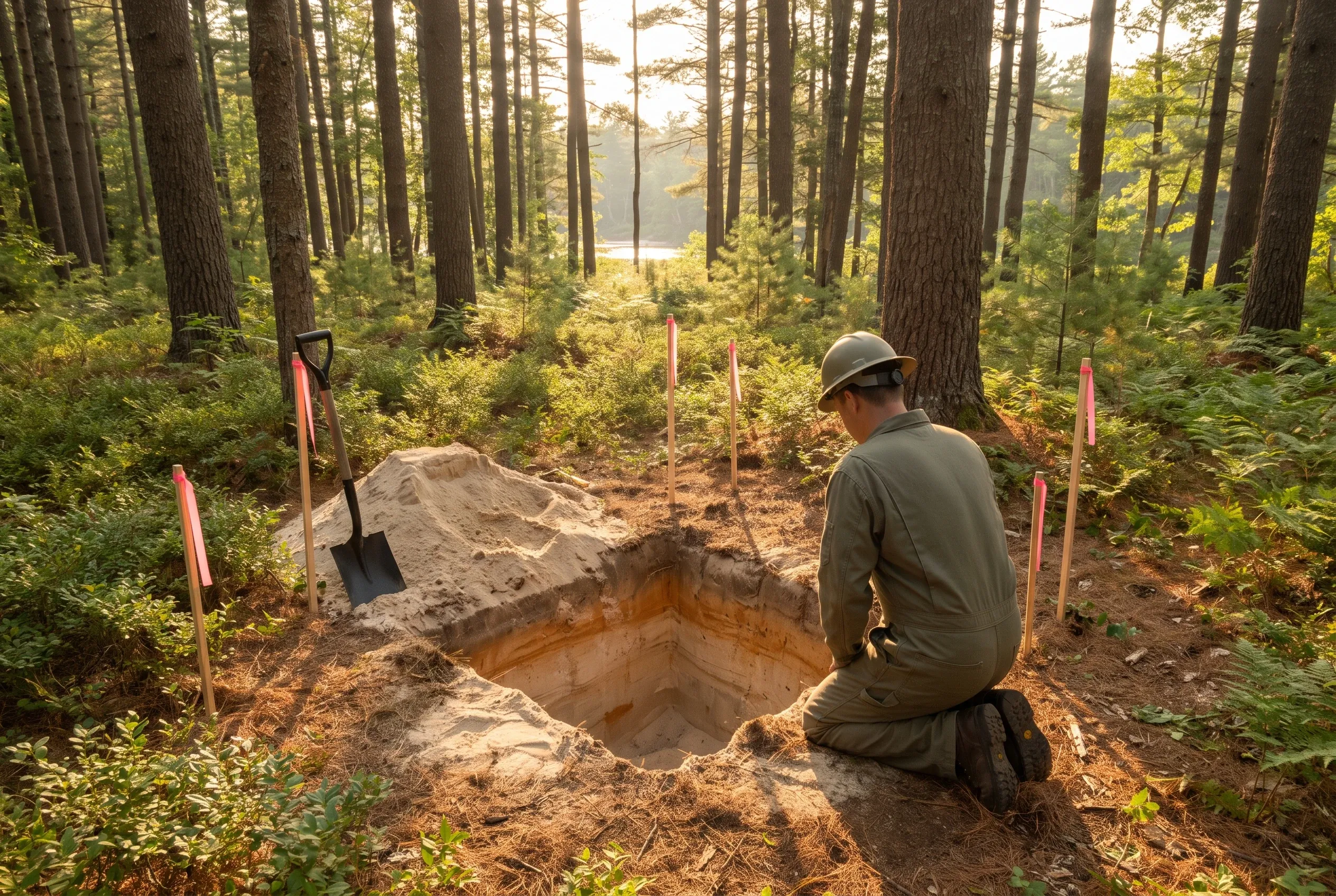 Excavation in Saco forest: Worker in gray shirt and hard hat kneels beside square hole with shovel, pink markers around site, tall pines and water visible beyond.
