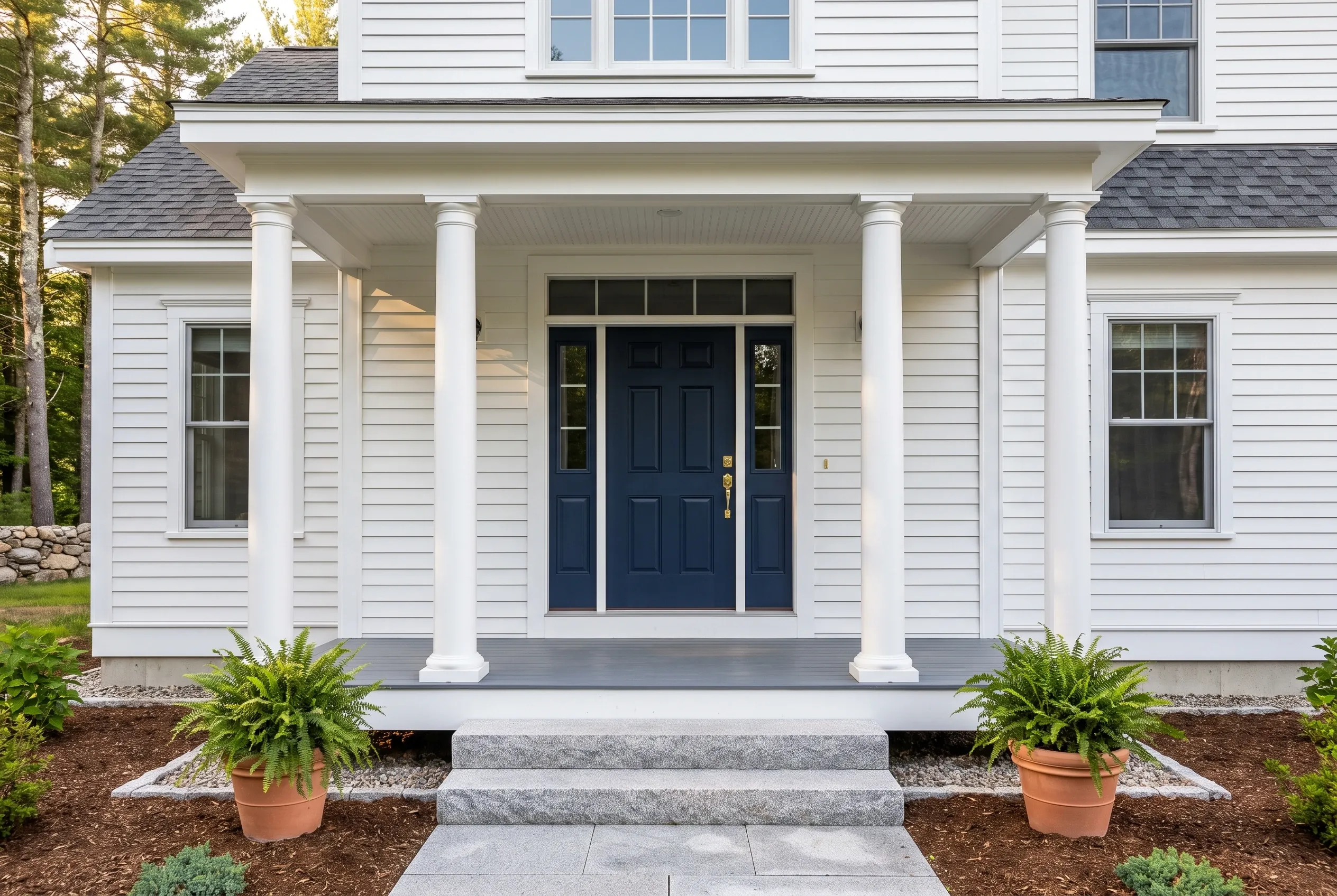 Colonial home in Saco, ME: White two-story house with white columns, dark blue front door, gray roof, and landscaped front entrance with potted plants.