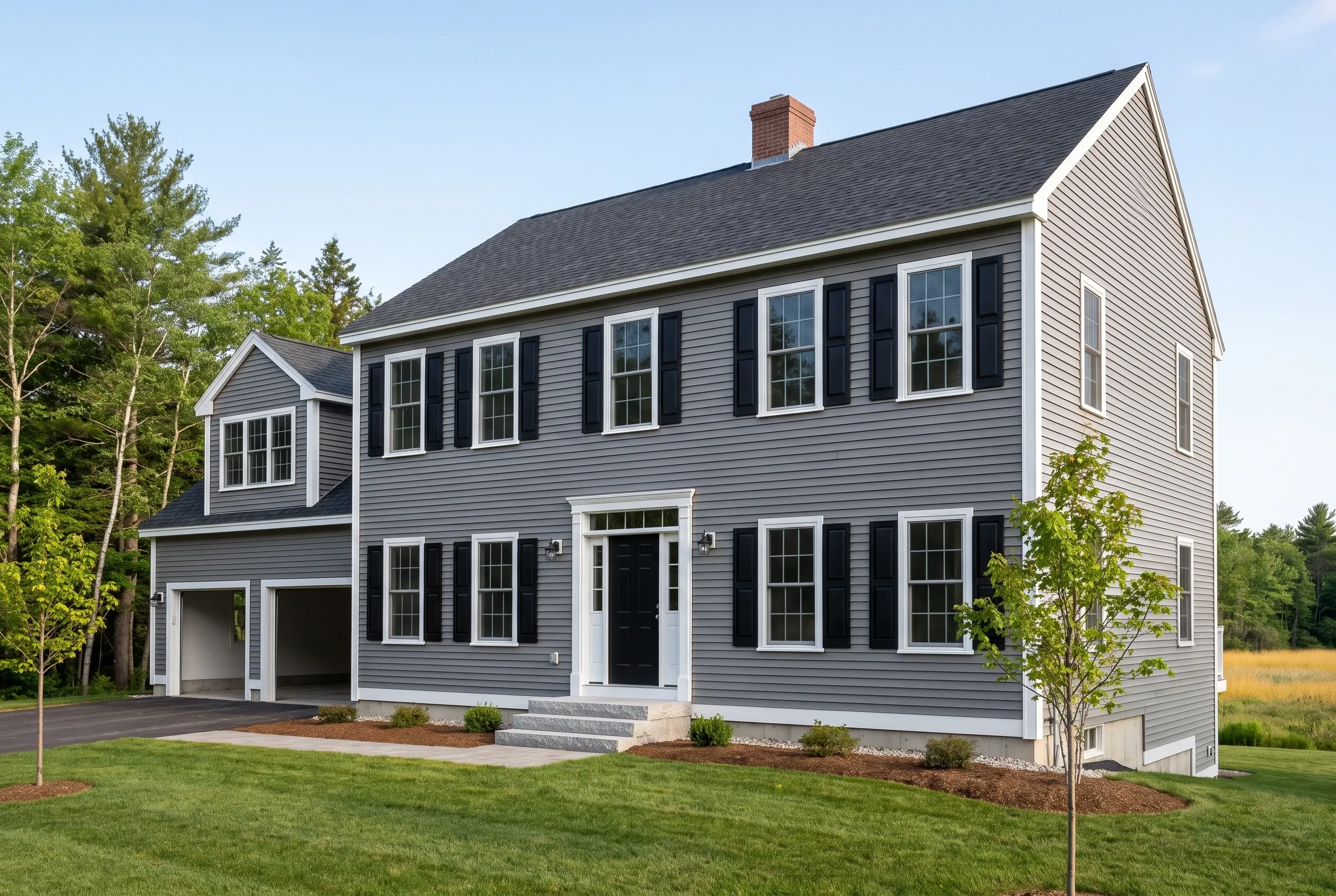 Modern Colonial Home in Scarborough, ME: Two-story gray vinyl-sided house with white trim, black shutters, and dark asphalt roof. Two-car garage attached. Landscaped front yard with young trees and mulch beds. Wooded setting visible in background.