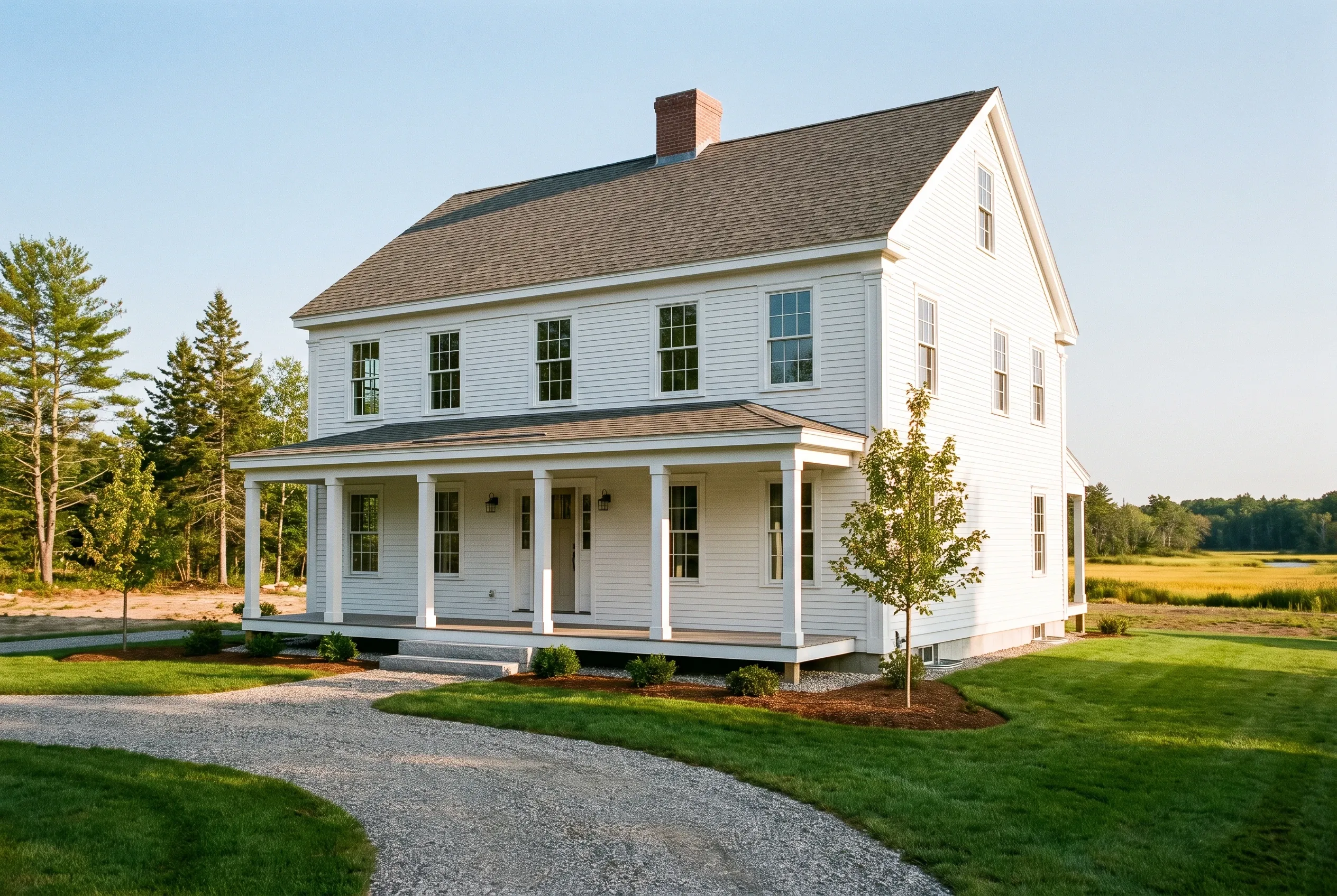 Custom home builder in Scarborough, ME: Two-story white farmhouse with gray roof, brick chimney, front porch with white columns, situated on grassy lot with trees and open field beyond.