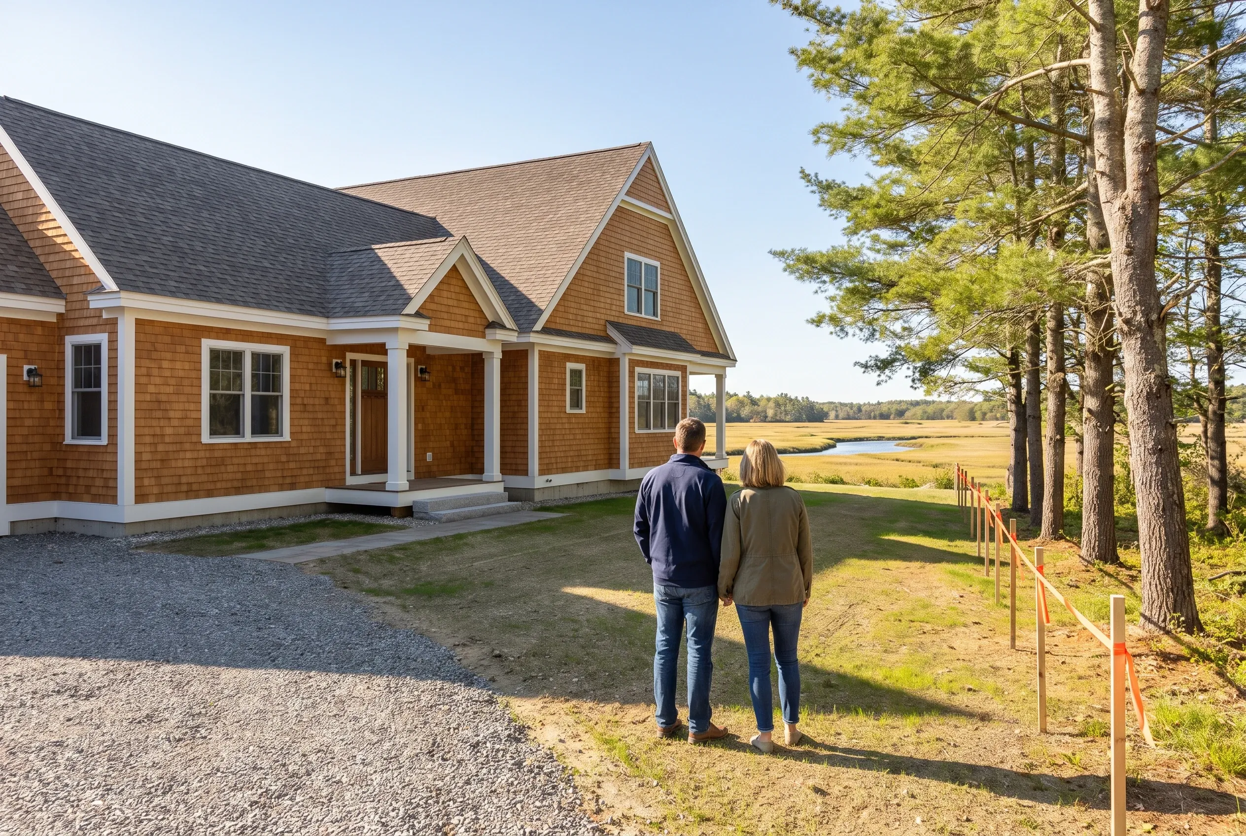 New home in Scarborough, ME: Couple viewing cedar-shingle sided house with white trim and dark roof overlooking coastal marsh and pine trees.