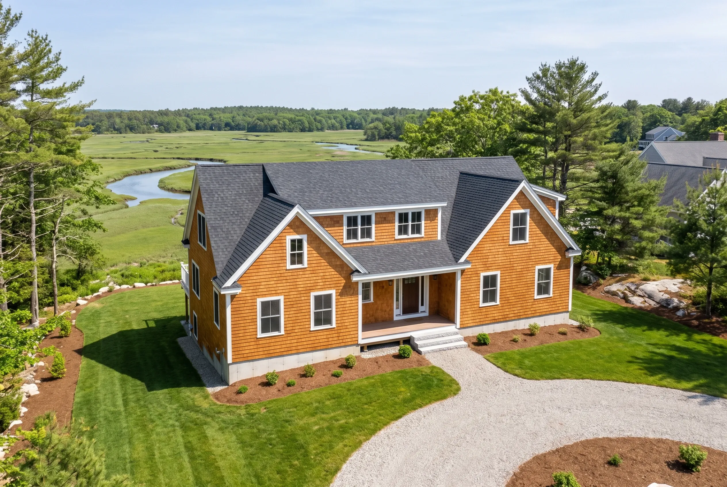 New Orange Cedar Shake Colonial in Scarborough, ME: Two-story colonial home with orange cedar shingle siding, white trim, and dark gray roof on manicured lawn with curved driveway, surrounded by trees overlooking marshland.