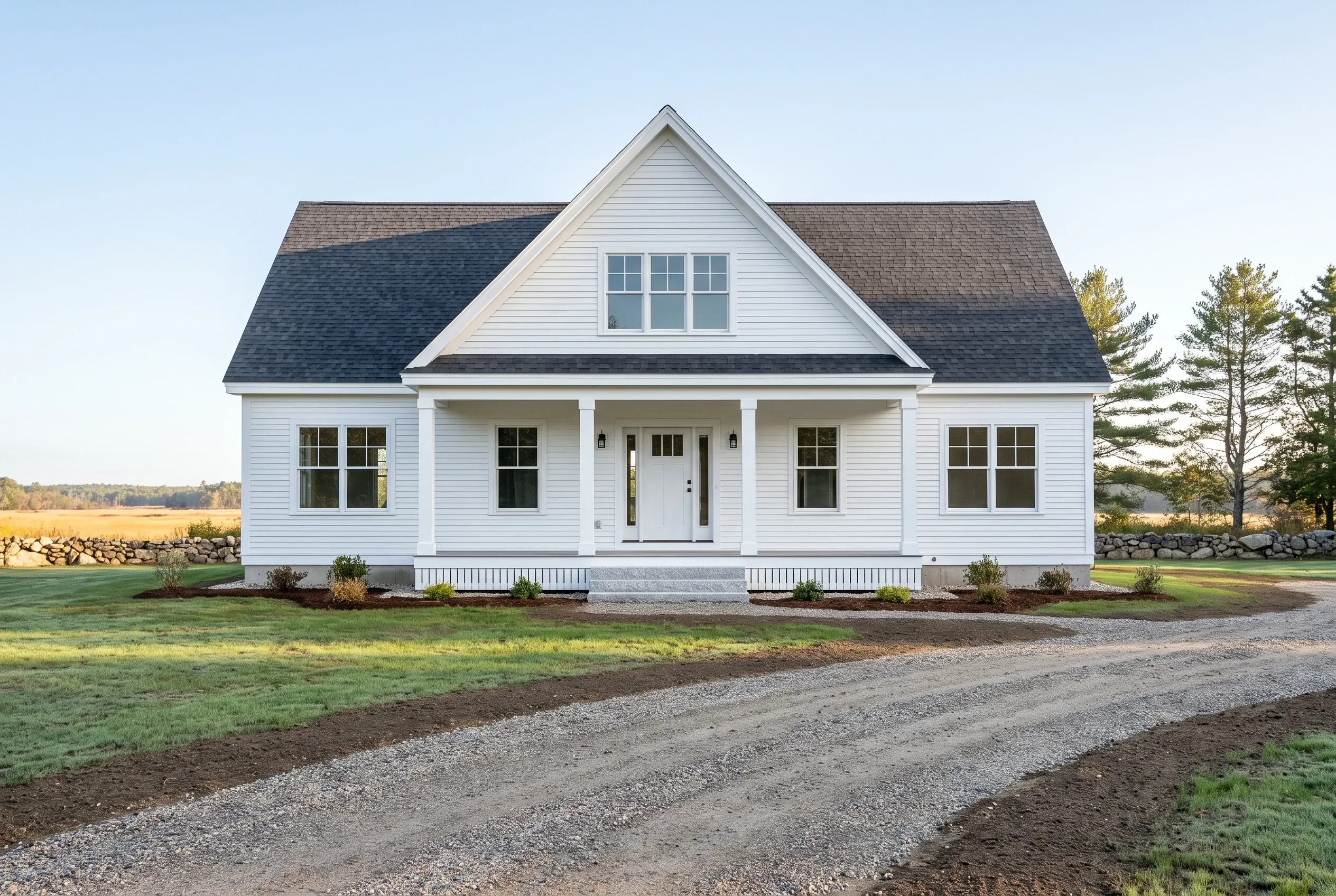 White farmhouse in Scarborough, ME: Two-story white vinyl-sided house with dark roof, front porch, gable window, and gravel driveway in rural setting.