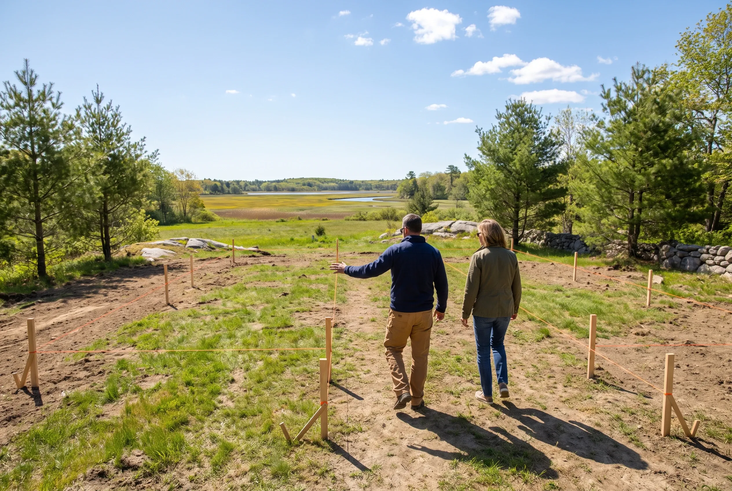New home site in Scarborough, ME: Two people walking through a residential lot with wooden stakes marking property lines, surrounded by pine trees and a water view in the distance.