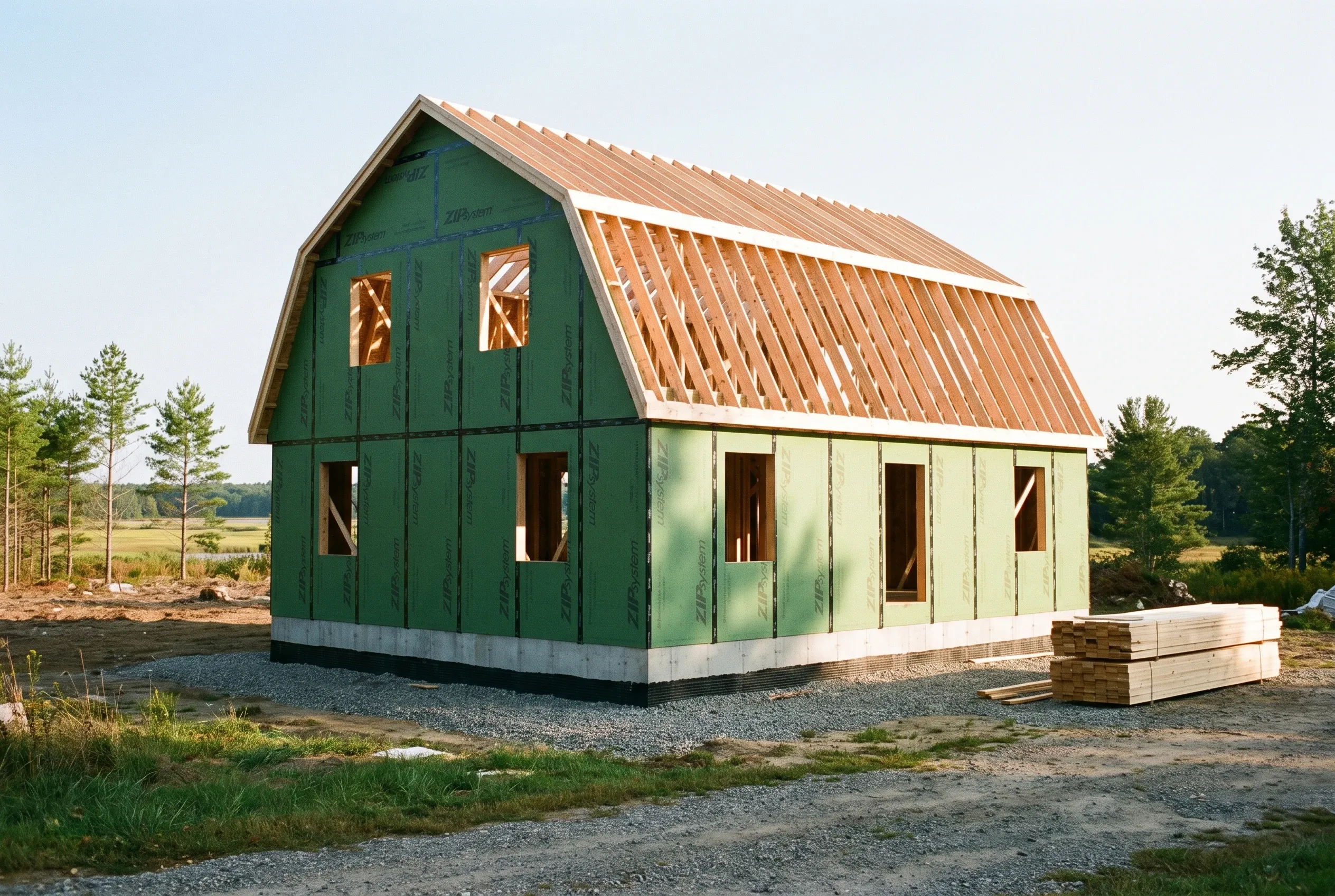 New construction home in Scarborough, ME: A small house with green and cream vertical siding, copper roof, and barn-style peaked roof sits on a gravel foundation in a rural setting with trees and open fields.