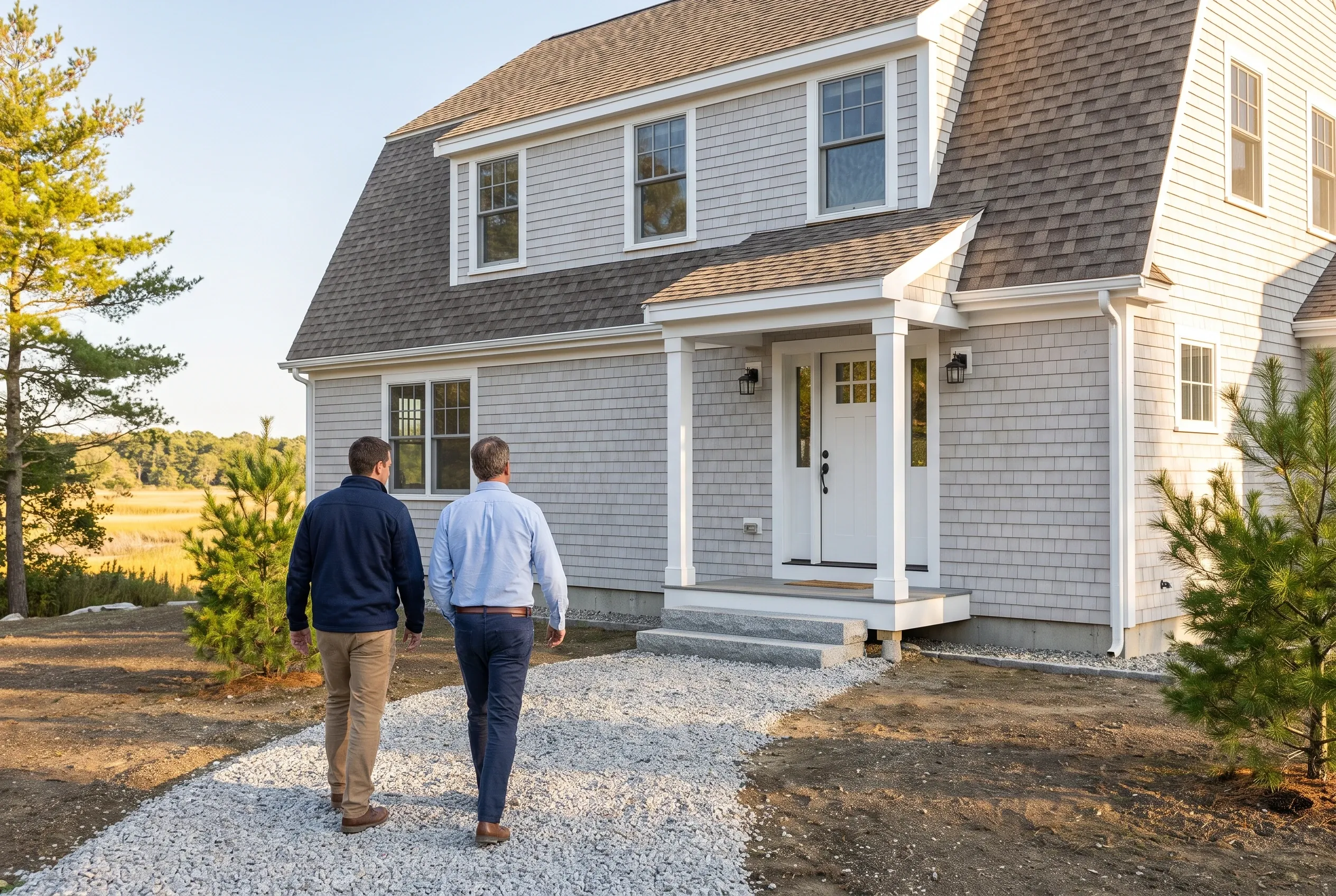 New Cape Cod home in Scarborough, ME: Two men walk on gravel driveway toward a gray-shingled cape cod house with white trim, dormer, and dark roof in a rural setting.