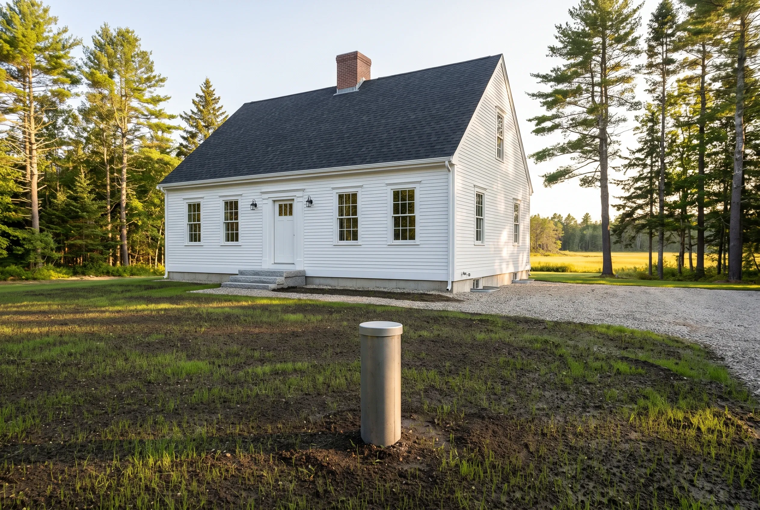 White Cape Cod in Scarborough, ME: White-sided single-story house with dark roof and brick chimney surrounded by evergreen trees and open field.