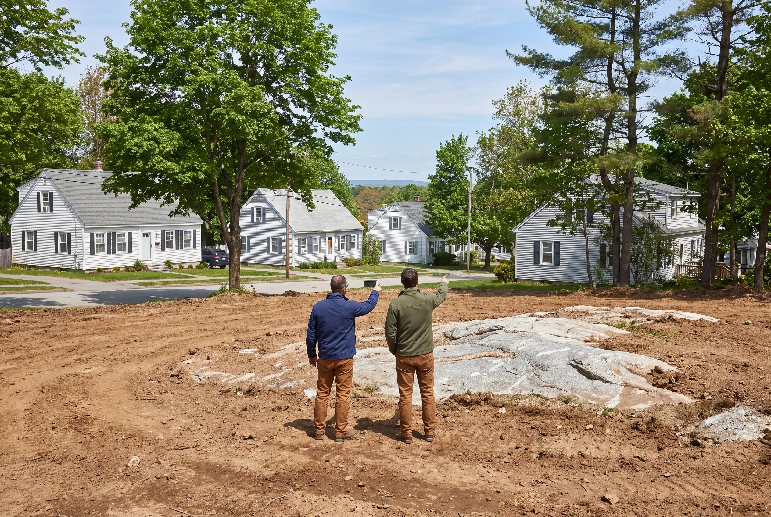 New home construction in South Portland, Maine: Two men stand on a dirt lot reviewing plans, with white colonial-style homes with black shutters and gray roofs visible behind them.
