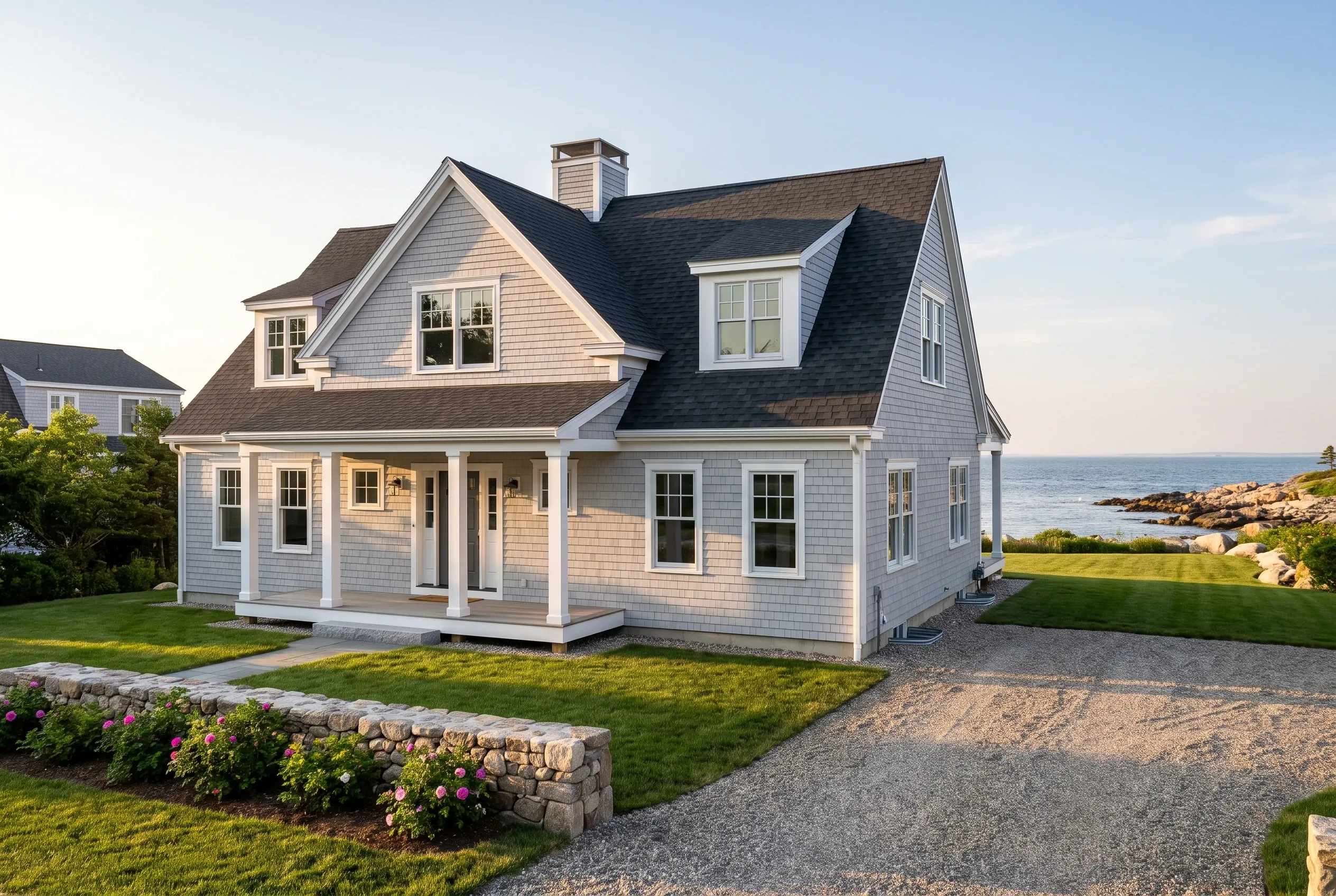 Coastal home in South Portland, Maine: Two-story house with light blue-gray shingle siding, white trim, and dark roof with dormers, situated on manicured lawn overlooking ocean.