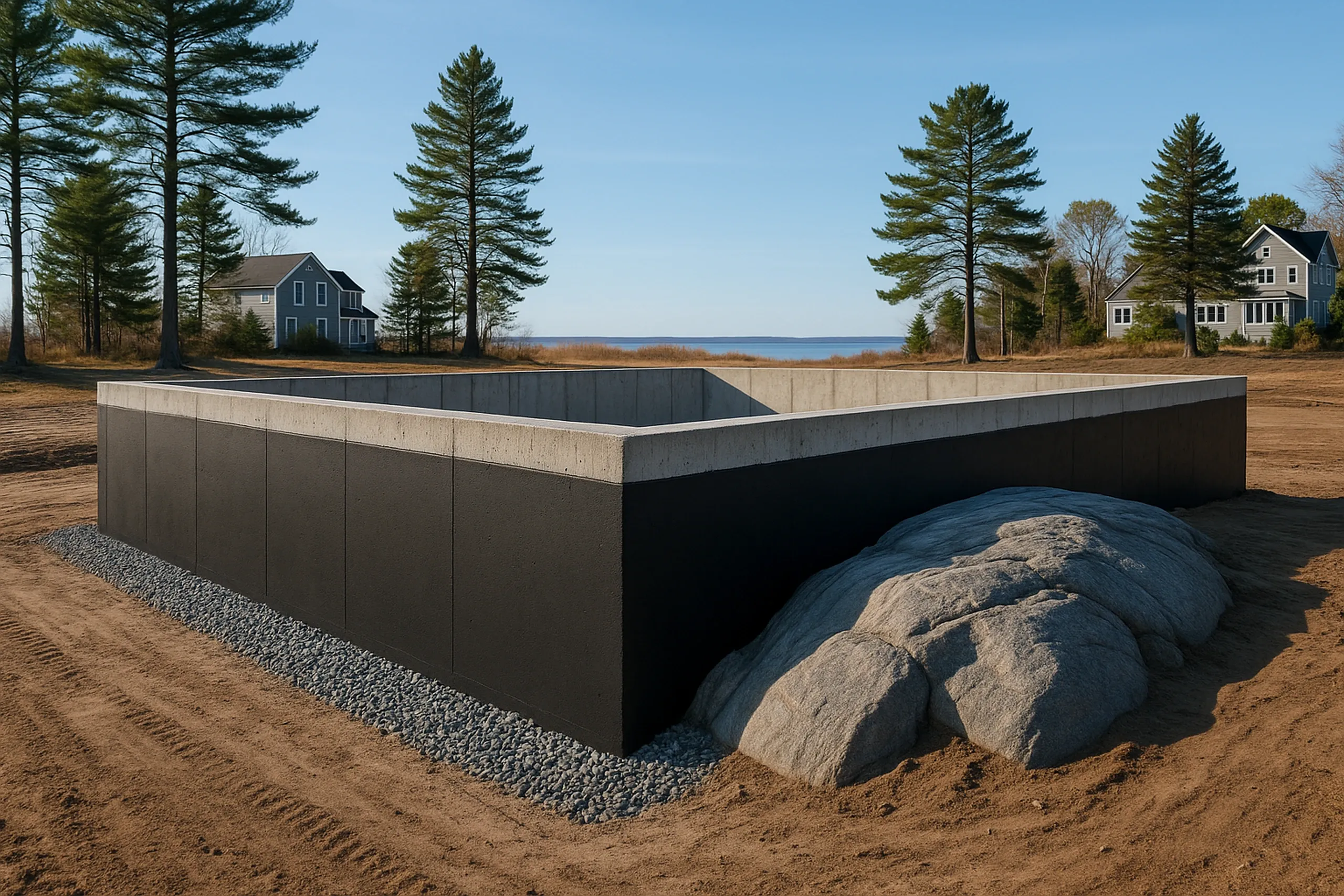 Modern concrete foundation in South Portland, ME: A rectangular concrete foundation with dark exterior walls and light-colored top edge sits on sandy ground near evergreen trees, residential houses, and water visible in the distance.