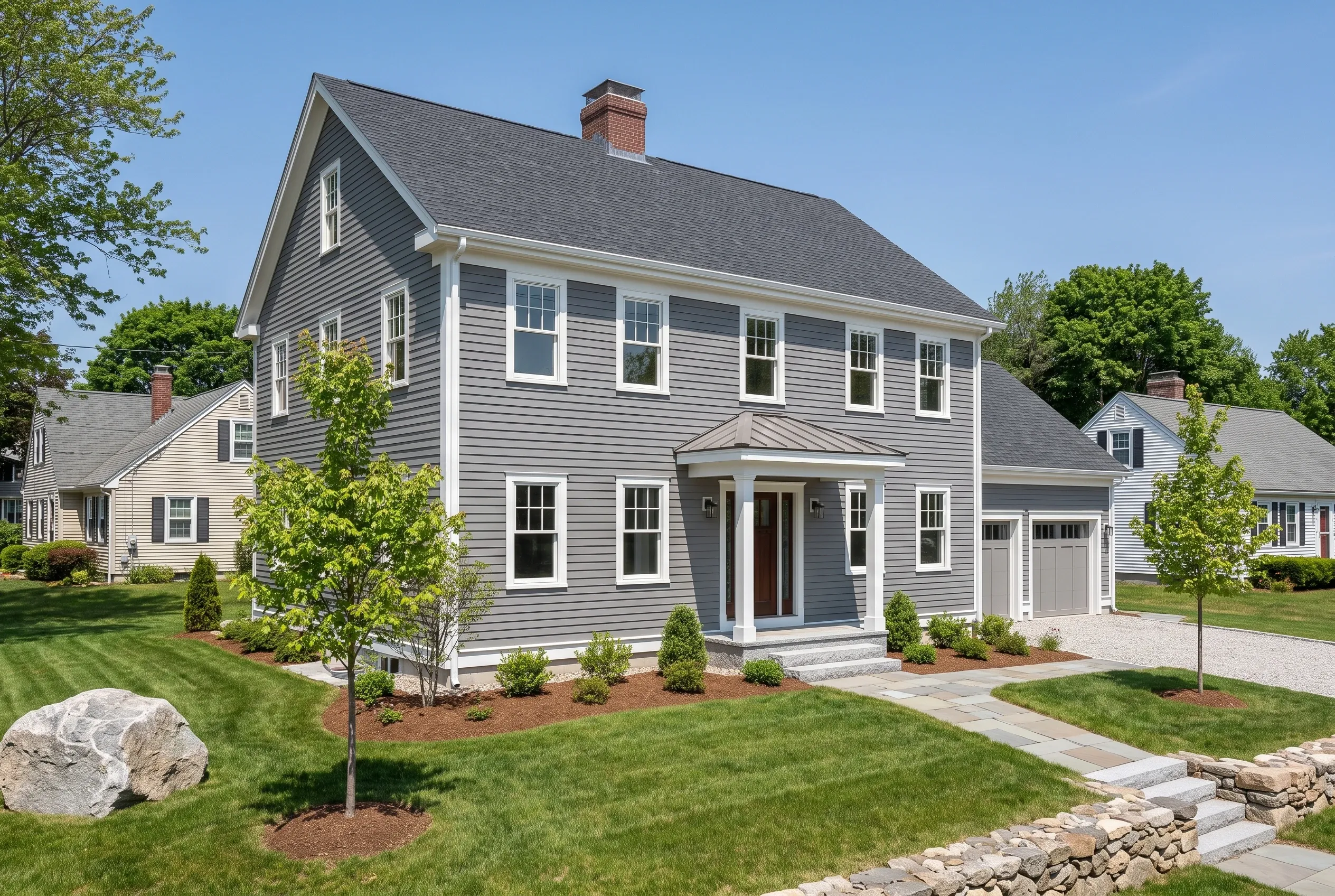 Custom home builder in South Portland, ME: Two-story gray and white colonial home with gray roof, white trim, multiple windows, attached garage, brick chimney, manicured lawn, landscaping, and stone pathway.