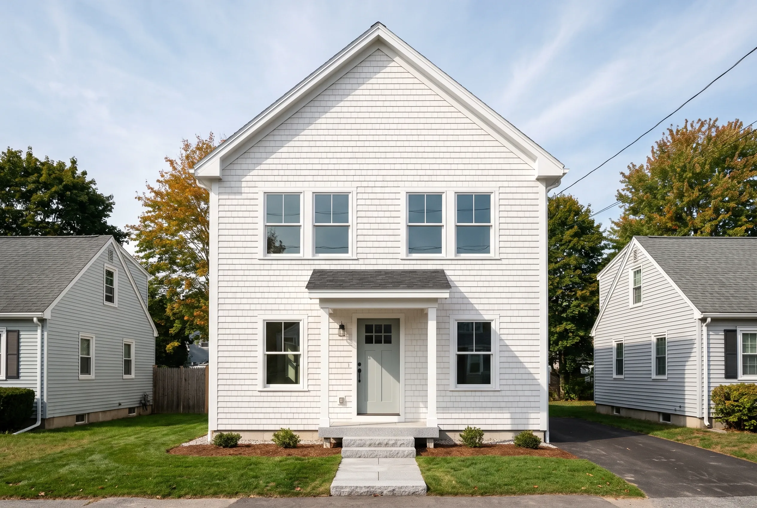 White Colonial Home in South Portland, ME: Two-story white vinyl-sided colonial with gray shingled roof, white trim, four upper windows, front porch with door, and two smaller homes visible on either side. Fall foliage in background.