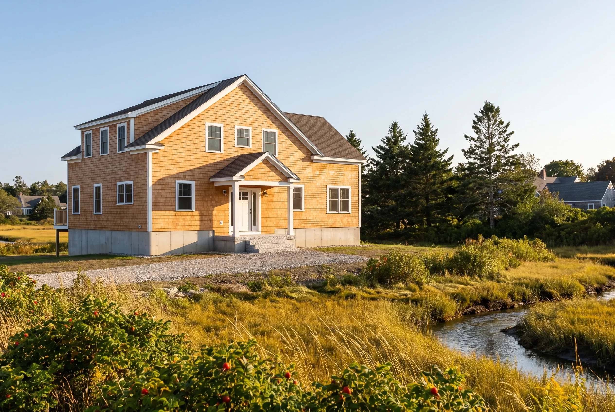 New construction home in South Portland, ME: Yellow cedar-shingle sided house with white trim and dark roof situated on gravel driveway overlooking marsh grasses and tidal stream, evergreen trees in background.