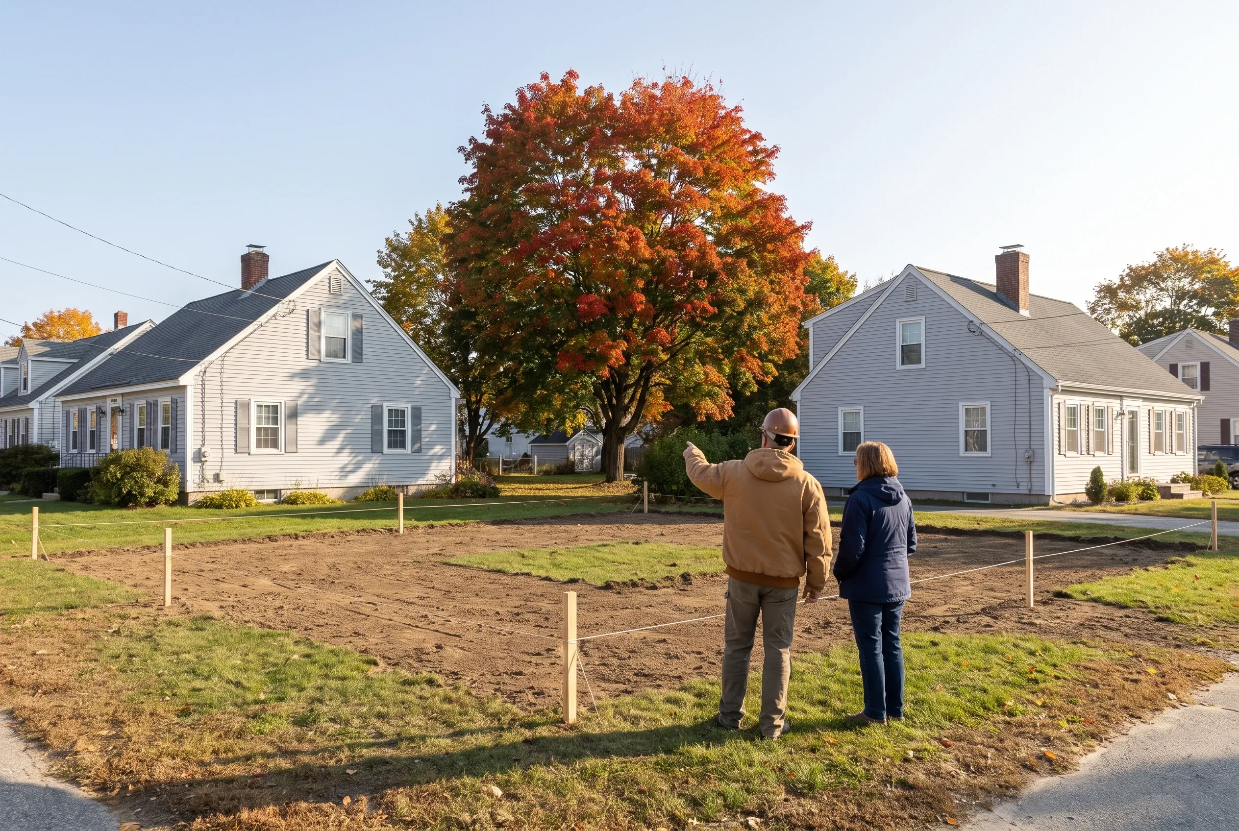 New construction home in South Portland, Maine: Two people stand on cleared lot viewing white-sided Cape Cod style house with black roof, brick chimney, and vibrant orange fall tree behind it.