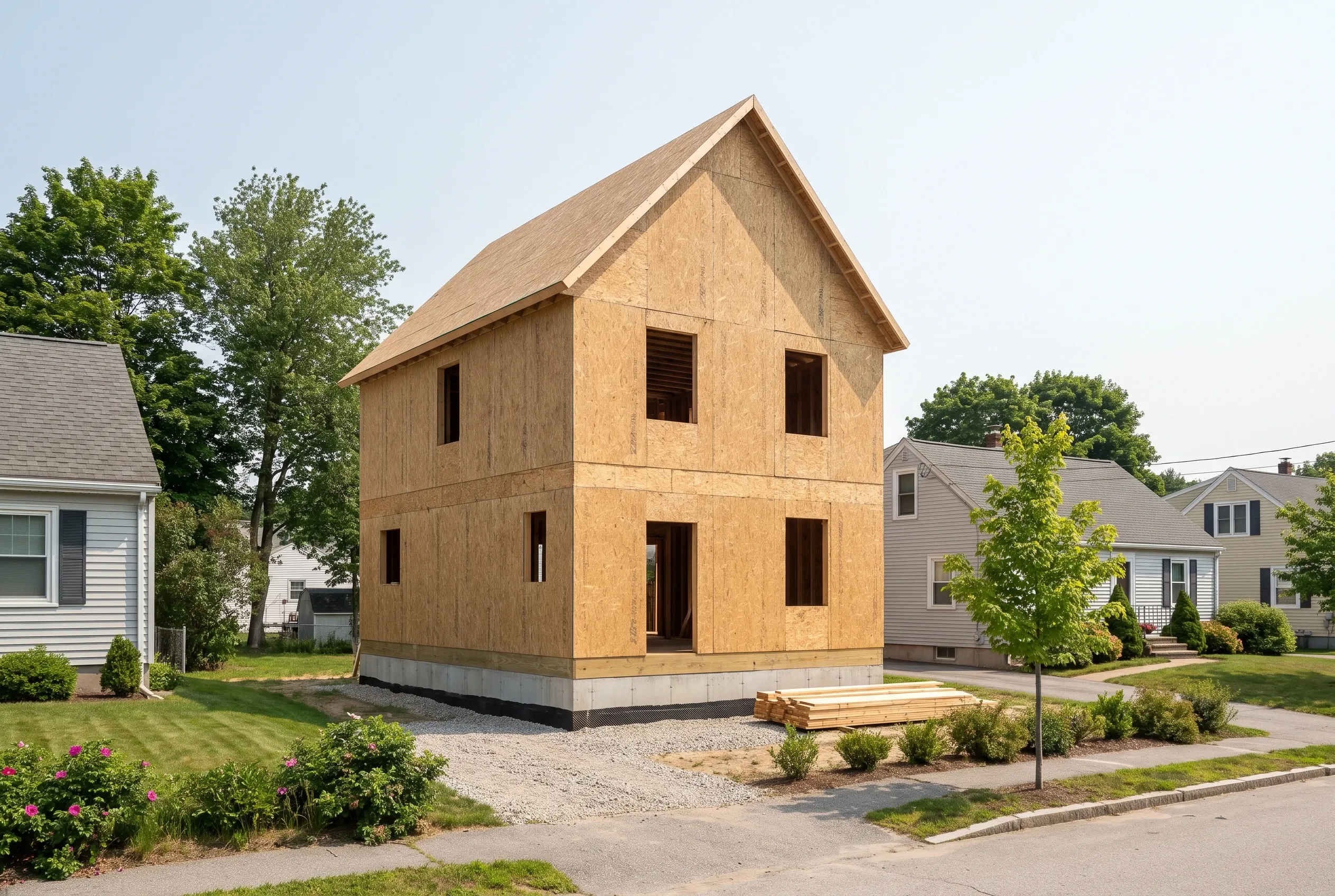 New construction home in South Portland, ME: Two-story house with tan OSB sheathing, brown trim, peaked roof, surrounded by established homes and landscaping.