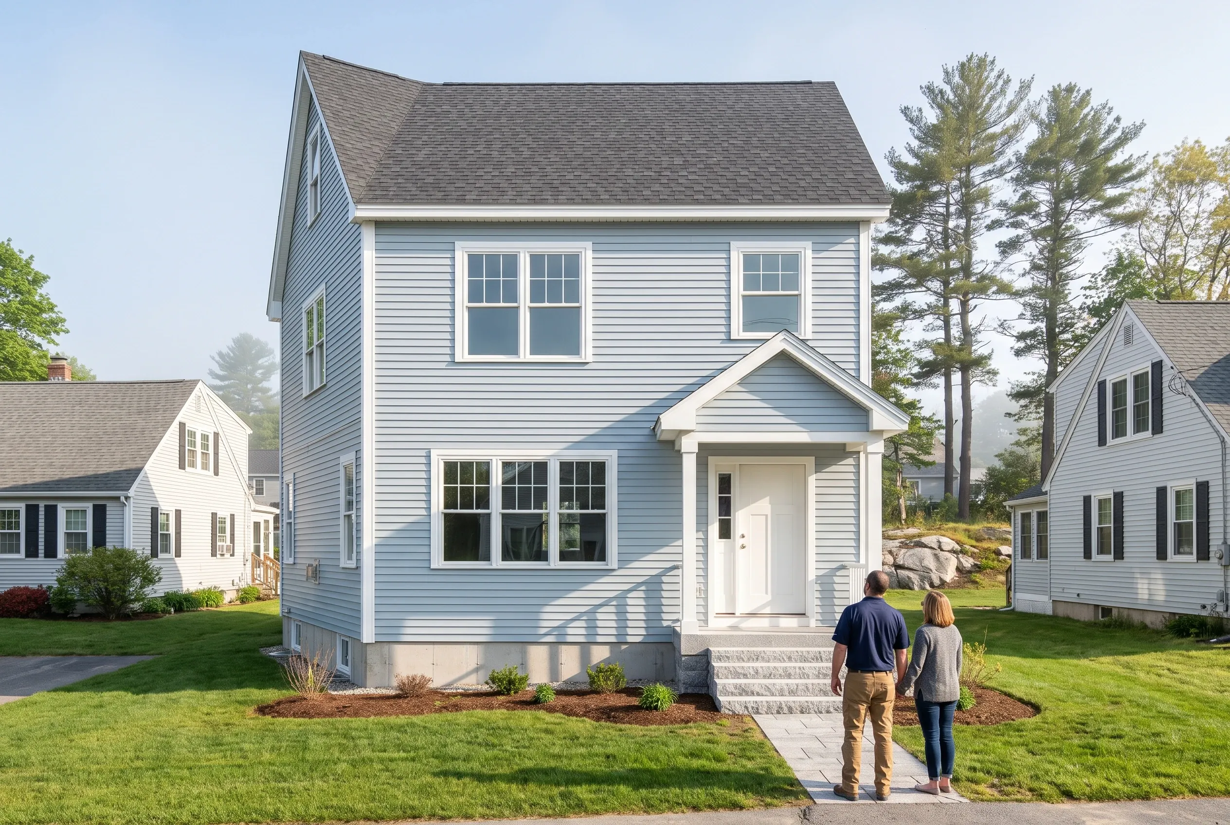 Blue and white colonial home in South Portland, ME: Two-story house with blue vinyl siding, white trim, and gray asphalt shingle roof. Couple walking up front walkway toward white entry door. Manicured lawn with landscaping beds. Neighboring homes and pine trees visible.