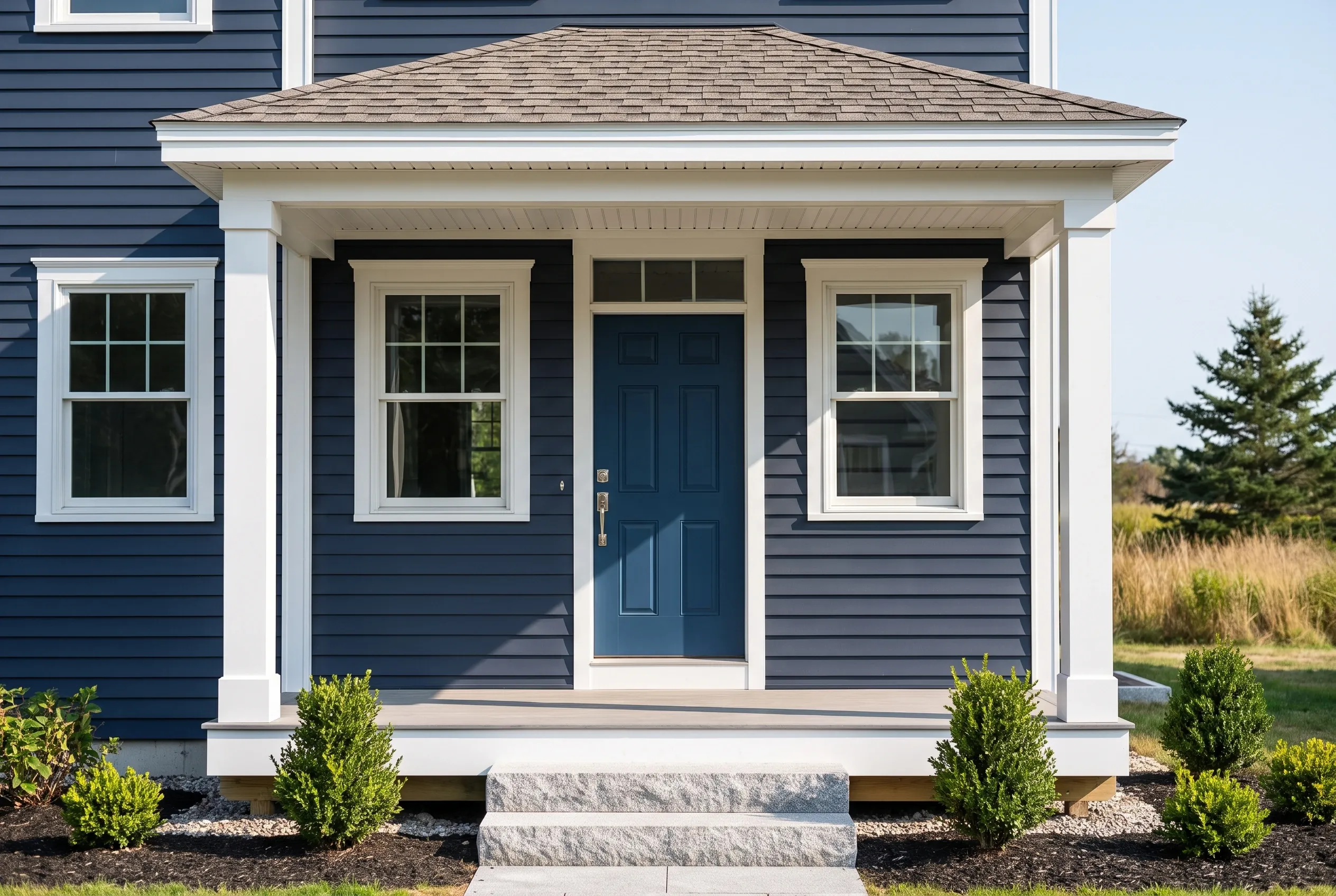 Front porch of new home in South Portland, ME: Navy blue horizontal siding with white trim, shingled roof, two windows flanking blue entry door, stone steps, landscaping plants, evergreen tree visible in background.