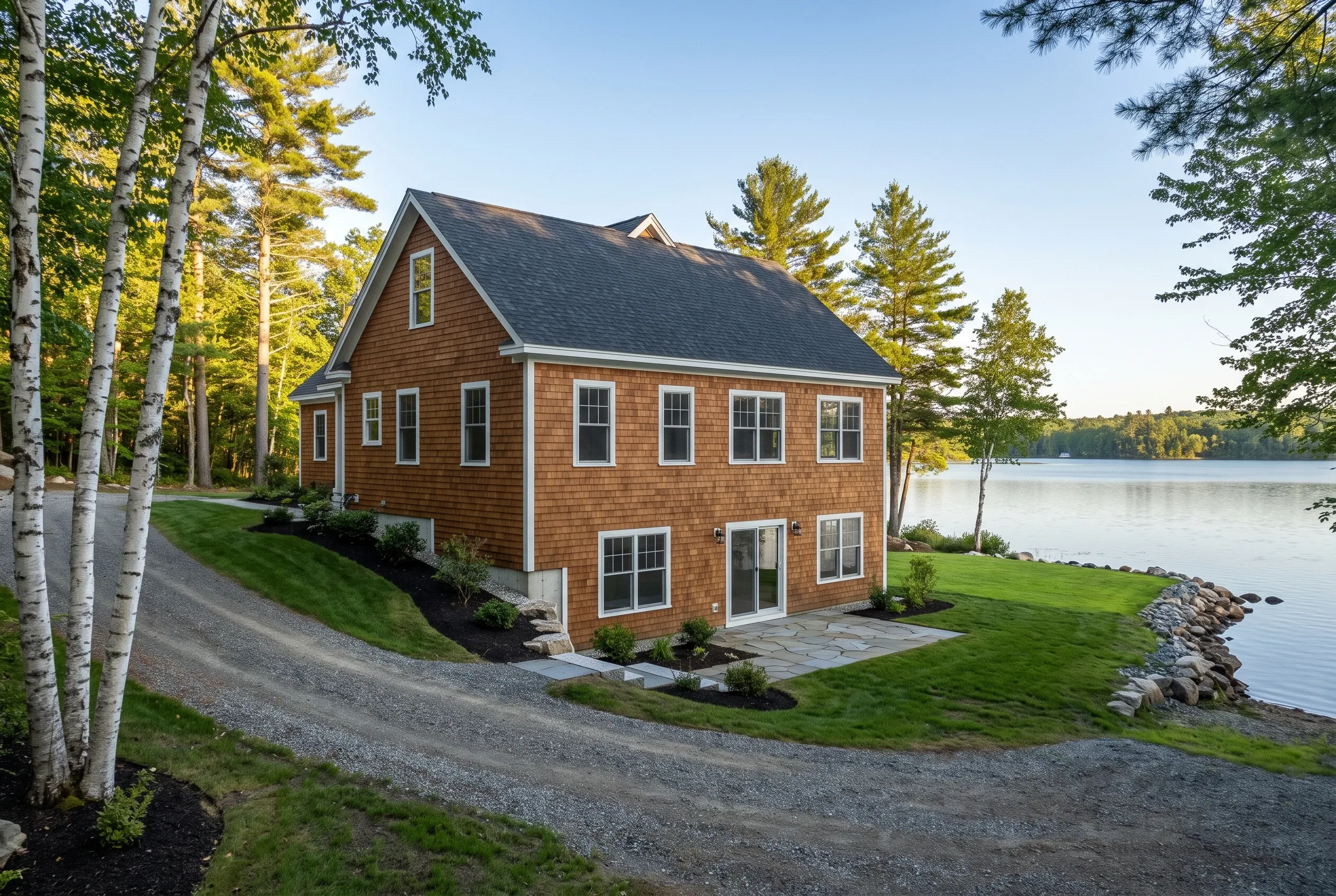 Modern cedar shake home in Waterboro, ME: Two-story residential house with brown cedar shingle siding, dark roof, white-trimmed windows, stone patio, situated on grassy lakefront lot with birch and evergreen trees.